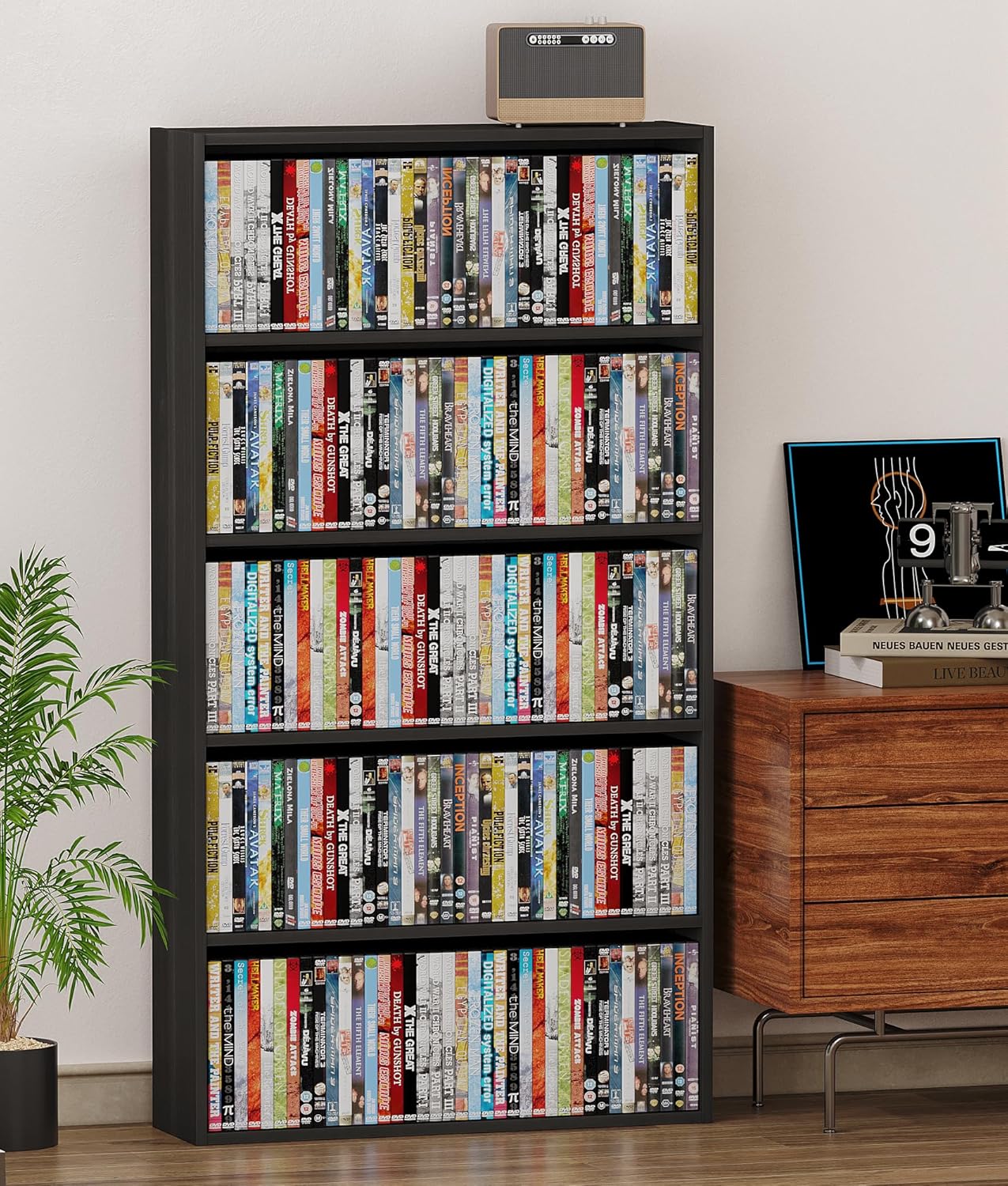 DVD Storage Cabinet Shelf, 5 Tier Media Storage Tower for CDs & Video Games, Freestanding Organizer Shelf for Living Room Home Office, Holds 200+ DVDs(Black)