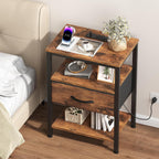 OLIXIS Nightstand with Charging Station, Beside Table with Fabric Drawer | 3-Tier End Table with 2 Storage Shelves,Night Stand with USB Ports and Outlets for Bedroom, Rustic Brown