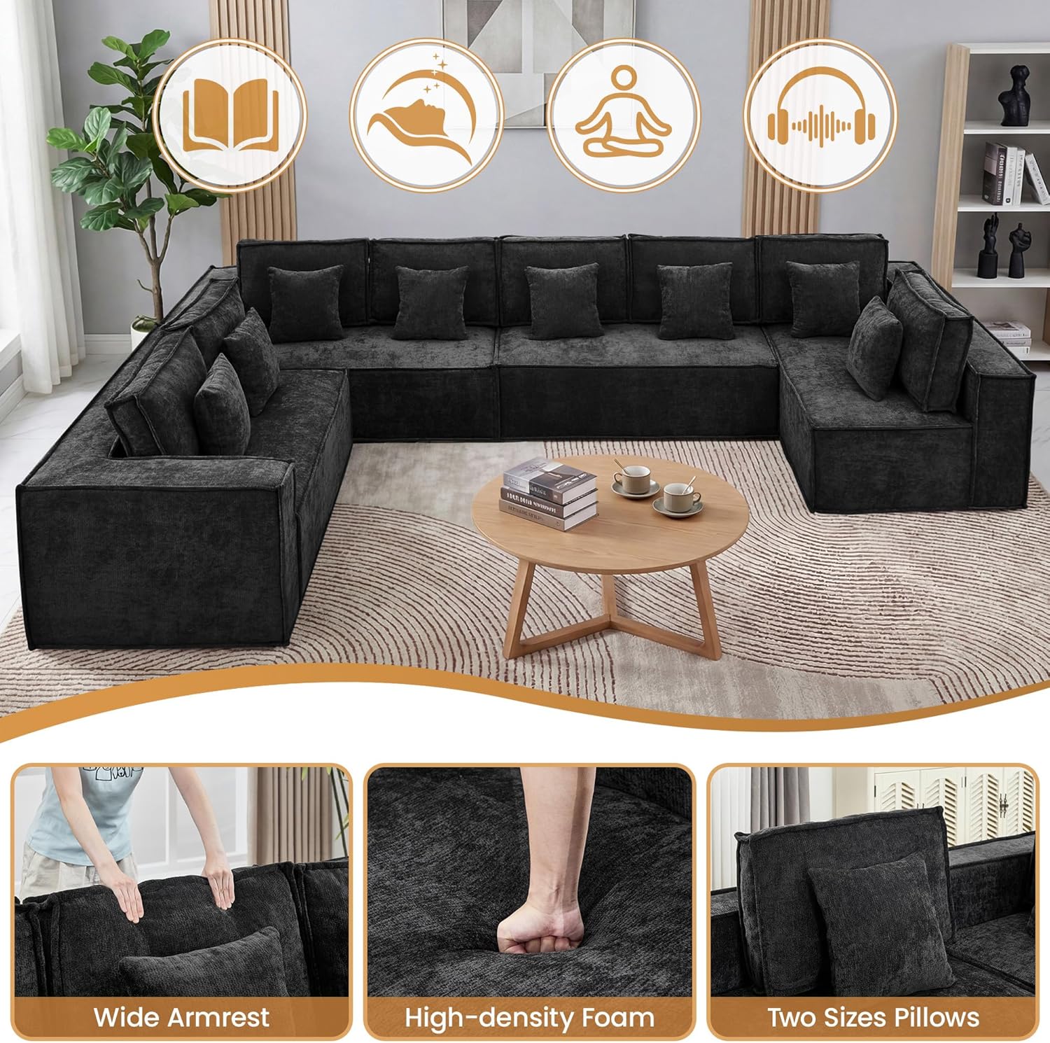 167'' Boneless Chenille U Shaped Couch, Oversized Modular Sectional 8 Seater Sofa, Modern Deep Seat Corner Cloud Compressed Couch, No Assembly Sleeper Sofa with Chaise for Living Room, Black