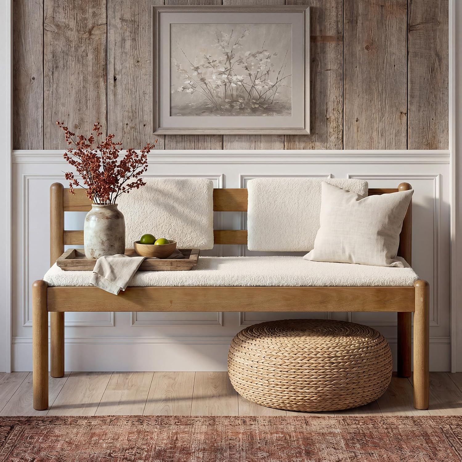 LITTLE TREE Solid Wood Entryway Bench, 49" Dining Bench with Back, Wood Settee Bench with Upholstered Seat, Farmhouse Bedroom Bench for End of Bed, Dining Room, Mudroom, Entryway, White + Walnut Brown
