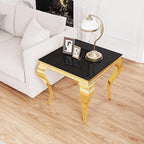 Square Glass End Table, 23" Modern Side Table with Black Tempered Glass Top and Gold Mirror-Finished Stainless Steel S-Shaped Legs, Modern Luxury End Table for Living Room or Bedroom