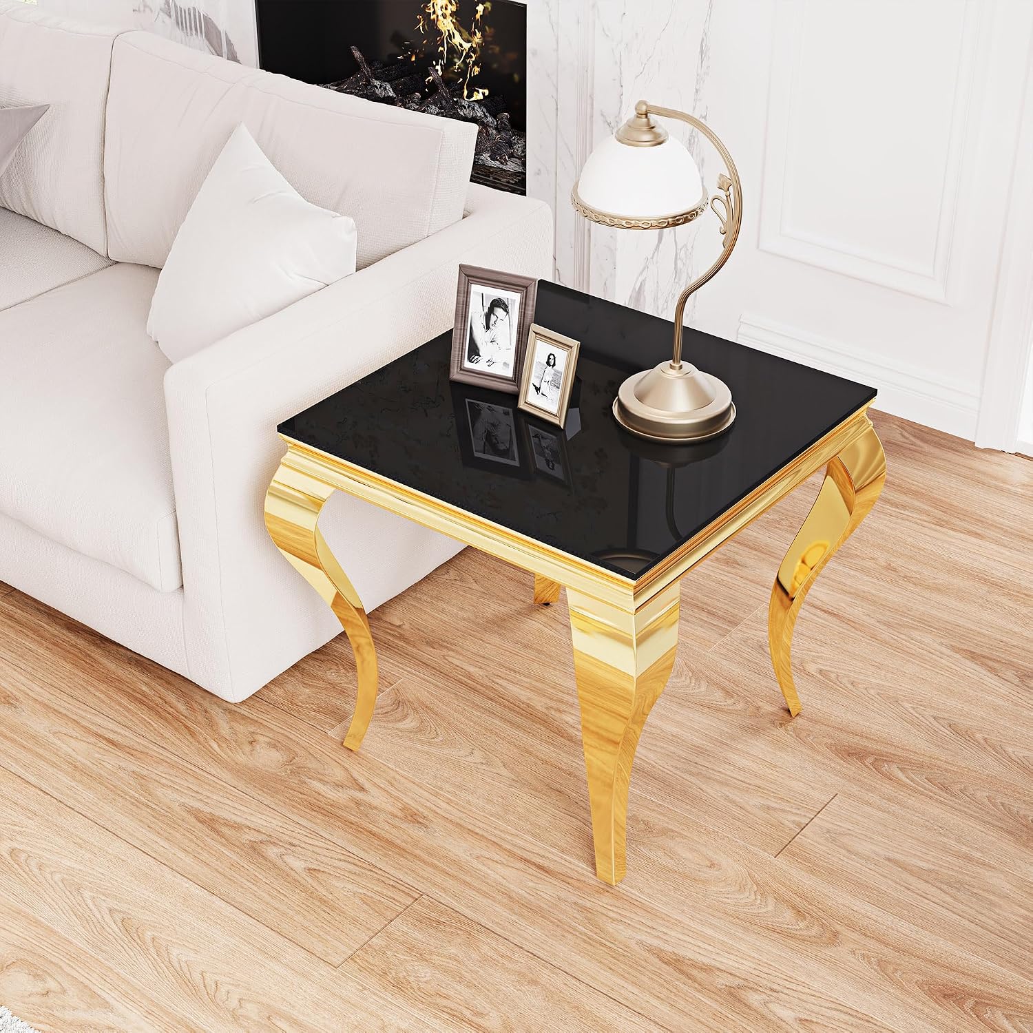 Square Glass End Table, 23" Modern Side Table with Black Tempered Glass Top and Gold Mirror-Finished Stainless Steel S-Shaped Legs, Modern Luxury End Table for Living Room or Bedroom