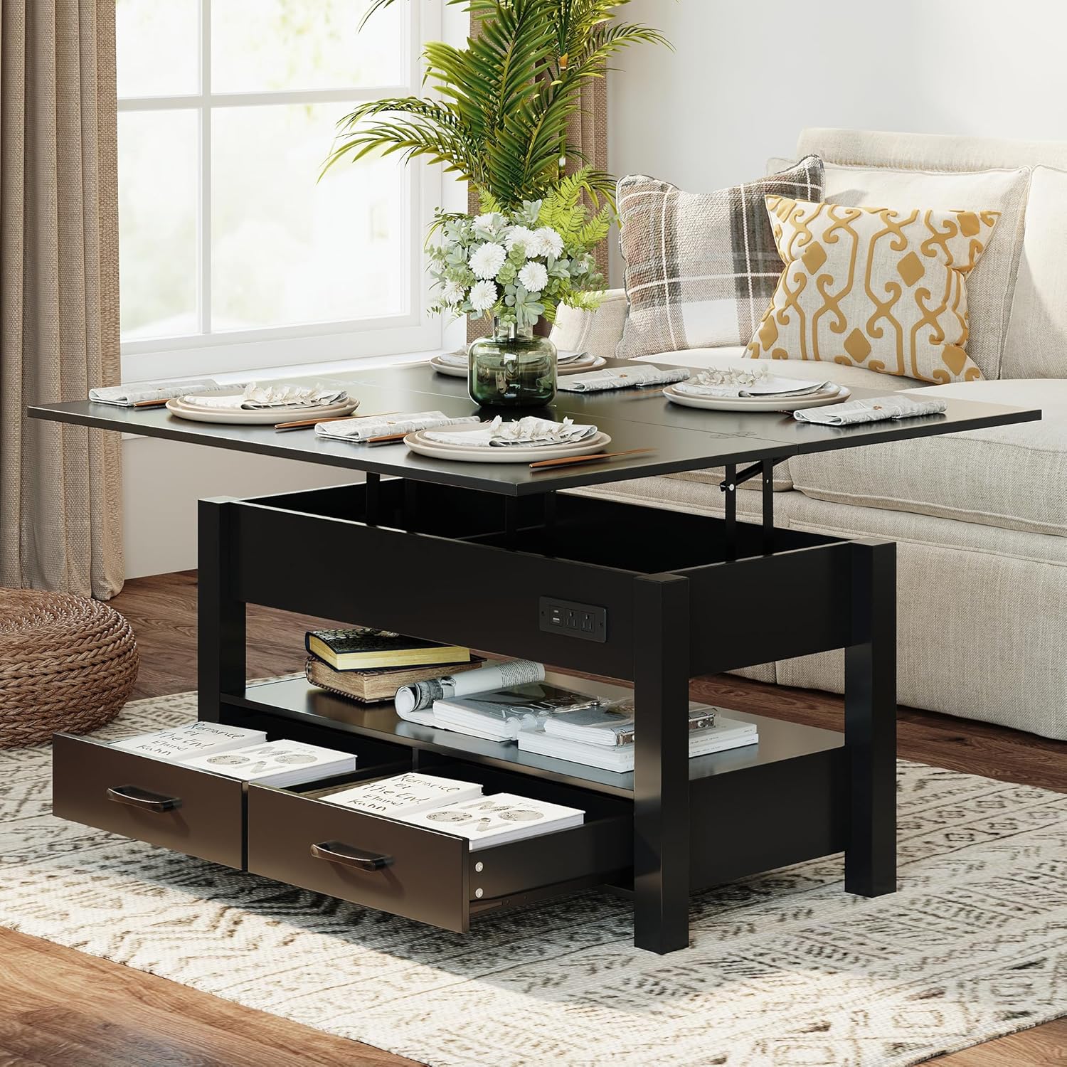 MALOL 40" Smart Lift Top Coffee Table for Living Room, 4 in 1 Multi-Function Modern Coffee Tables with Storage Drawers, LED Light and Charging Station, Farmhouse Wood Coffee Table, Black