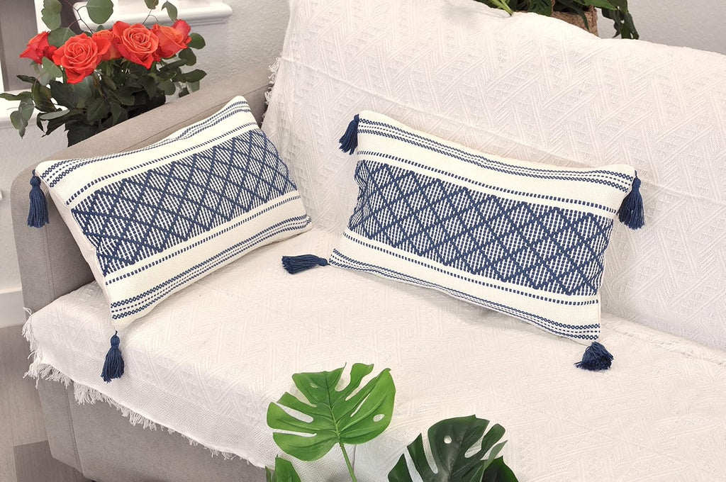 Decorative Boho Lumbar Pillow Covers with Tassels Navy Blue Off White, 12x20 inch -Set of 2 / Small Rectangle Cushion Covers for Couch Sofa/ Farmhouse Woven Pillow Cases/ Accent Chair Pillow Covers