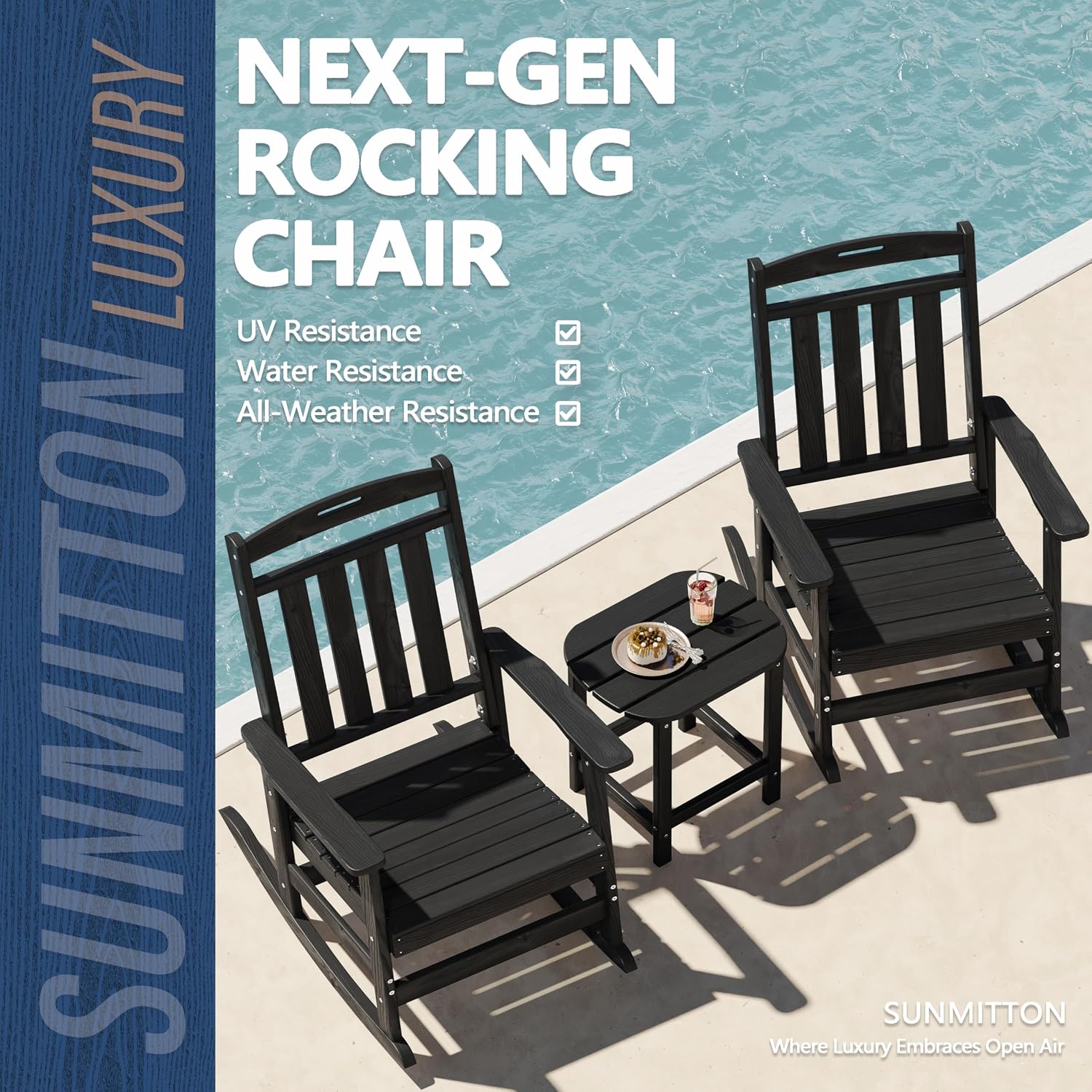 Outdoor Rocking Chair Oversized of 2 & Side Table Set, HDPE All Weather Resistant Patio Rocker, 31.5" High Back 21.5" Deep Seat Porch Chairs Set for Lawn Garden Deck Balcony 400lbs Capacity(Black)