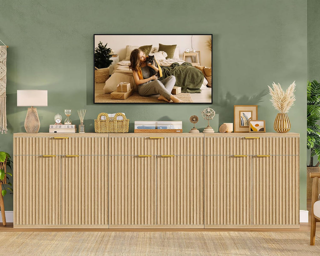 TEENFON 31.5" W Fluted Buffet Cabinet with Storage, Sideboard Cabinet, Coffee Bar Cabinet with 2 Doors and Adjustable Shelf for Living Room, Kitchen, Entryway, Natural