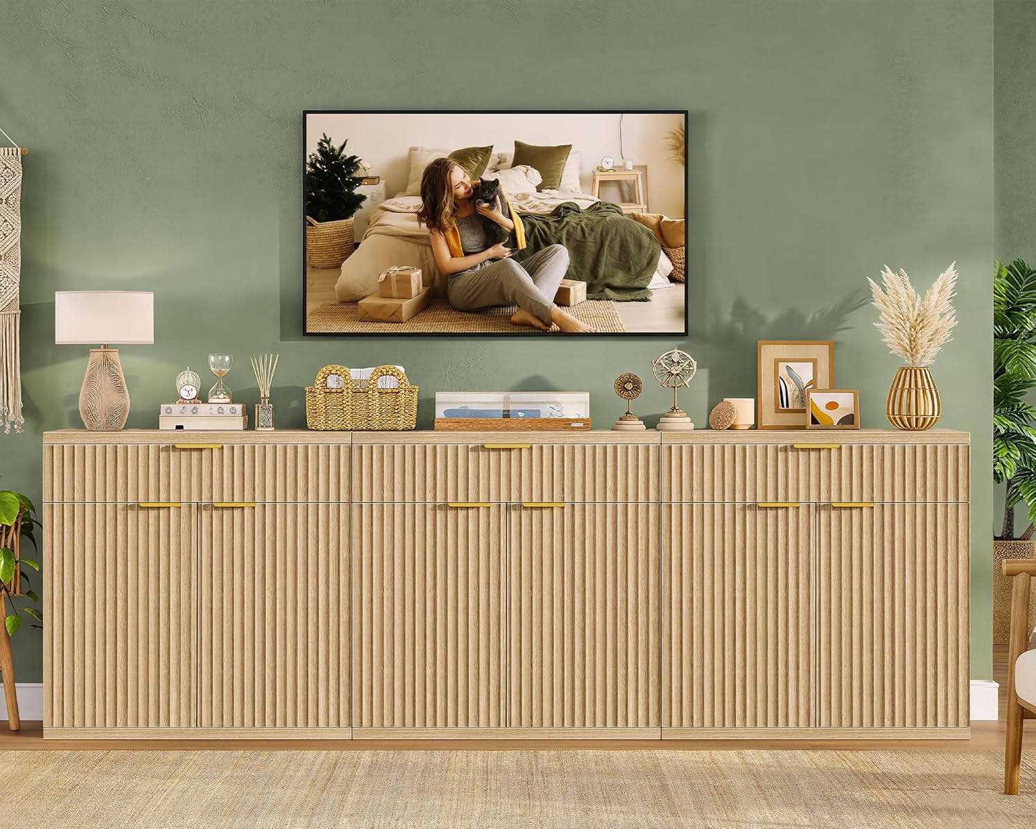 TEENFON 31.5" W Fluted Buffet Cabinet with Storage, Sideboard Cabinet, Coffee Bar Cabinet with 2 Doors and Adjustable Shelf for Living Room, Kitchen, Entryway, Natural