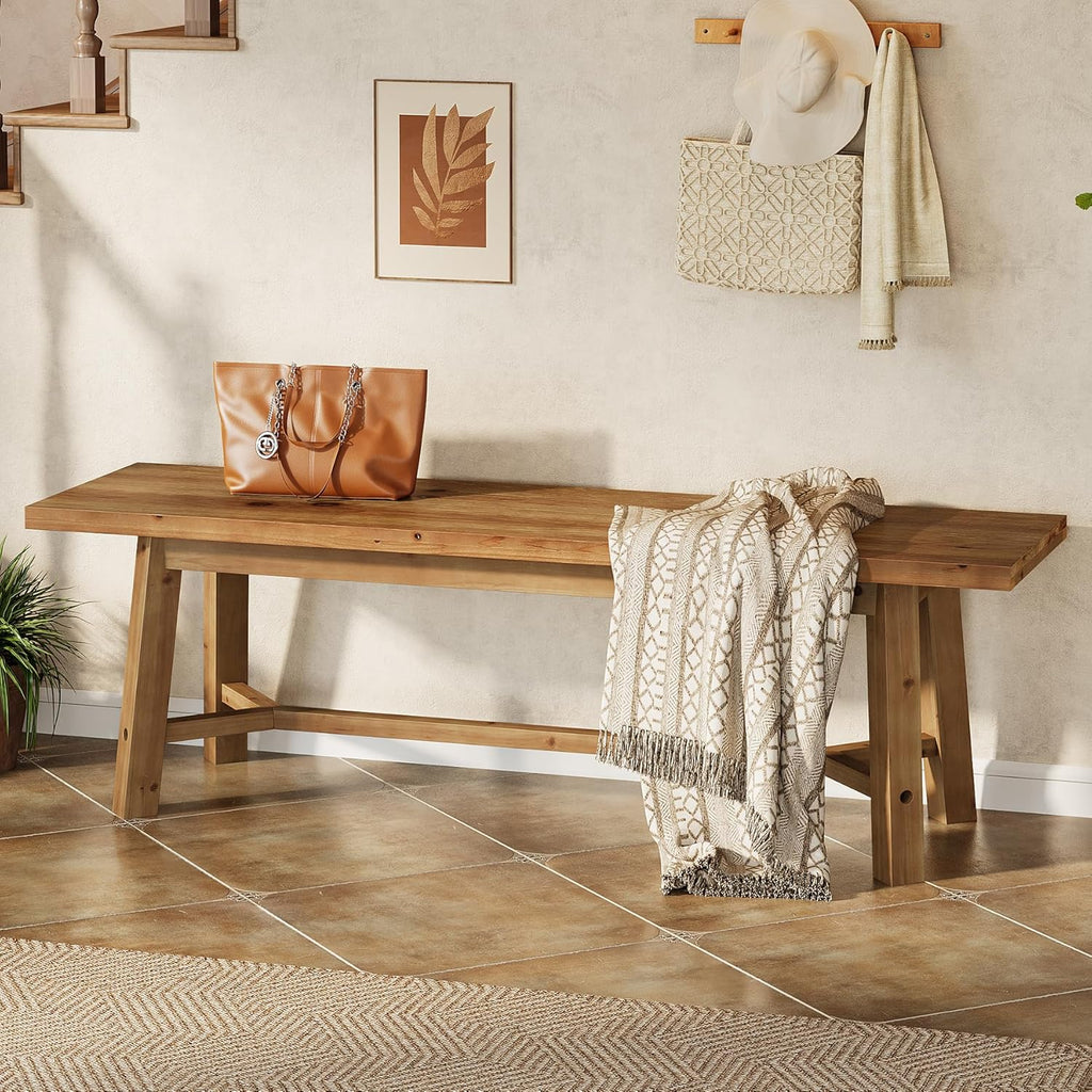 55" Solid Wood Bench, Farmhouse Long Bench Seat for Entryway, Dining Room, Living Room, Solid Wood, Rustic Brown