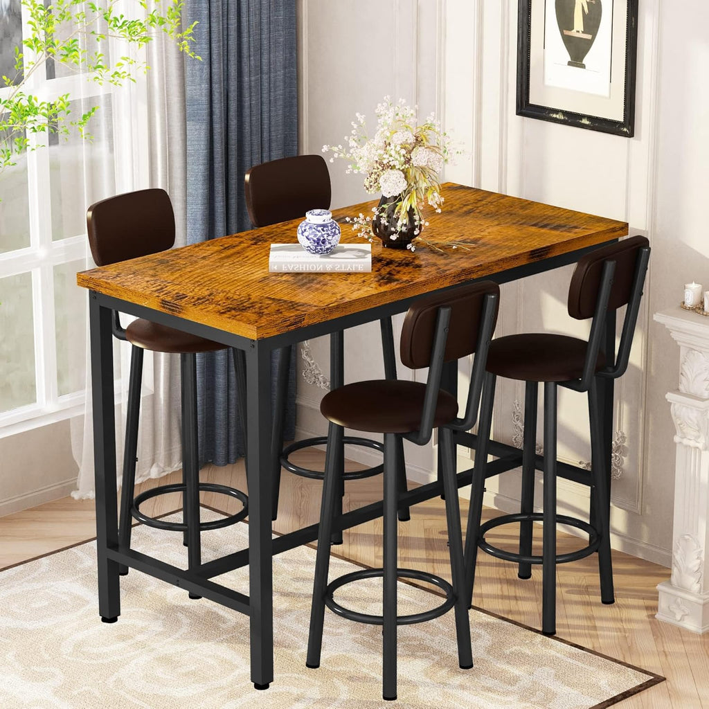 Lamerge Bar Table Set for 4 Kitchen Table and Chairs Set, Industrial Dinner Table with 4 PU Upholstered Stools Kitchen Pub Table for Kitchen, Space Saving, Restaurant (Rustic Brown and Black)