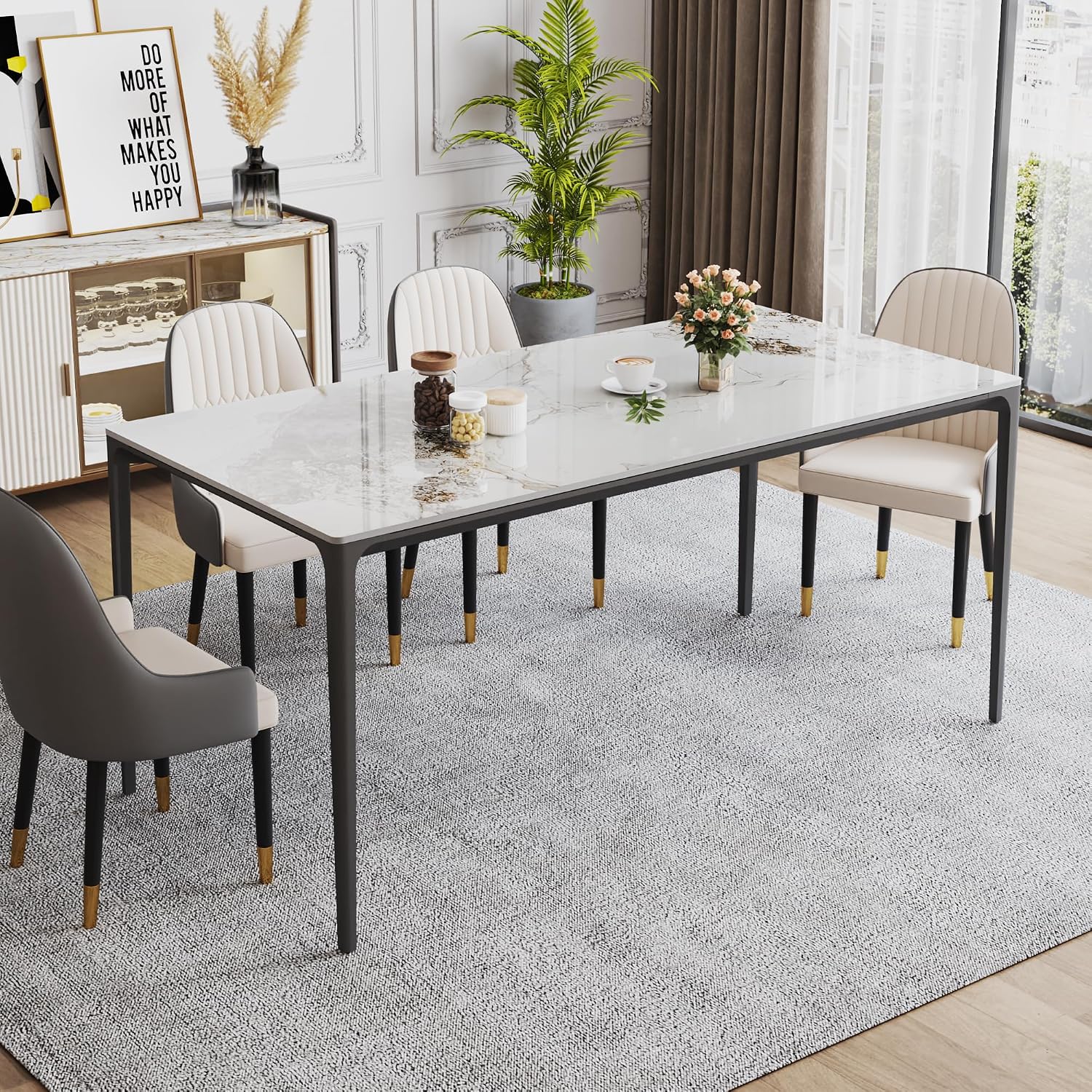 63" Dining Table with Laminate Marble Sintered Stone White Tabletop and Metal Legs, Kitchen Table, Dining Room Table for 4-6 People, Scratch Resistant, Easy to Clean