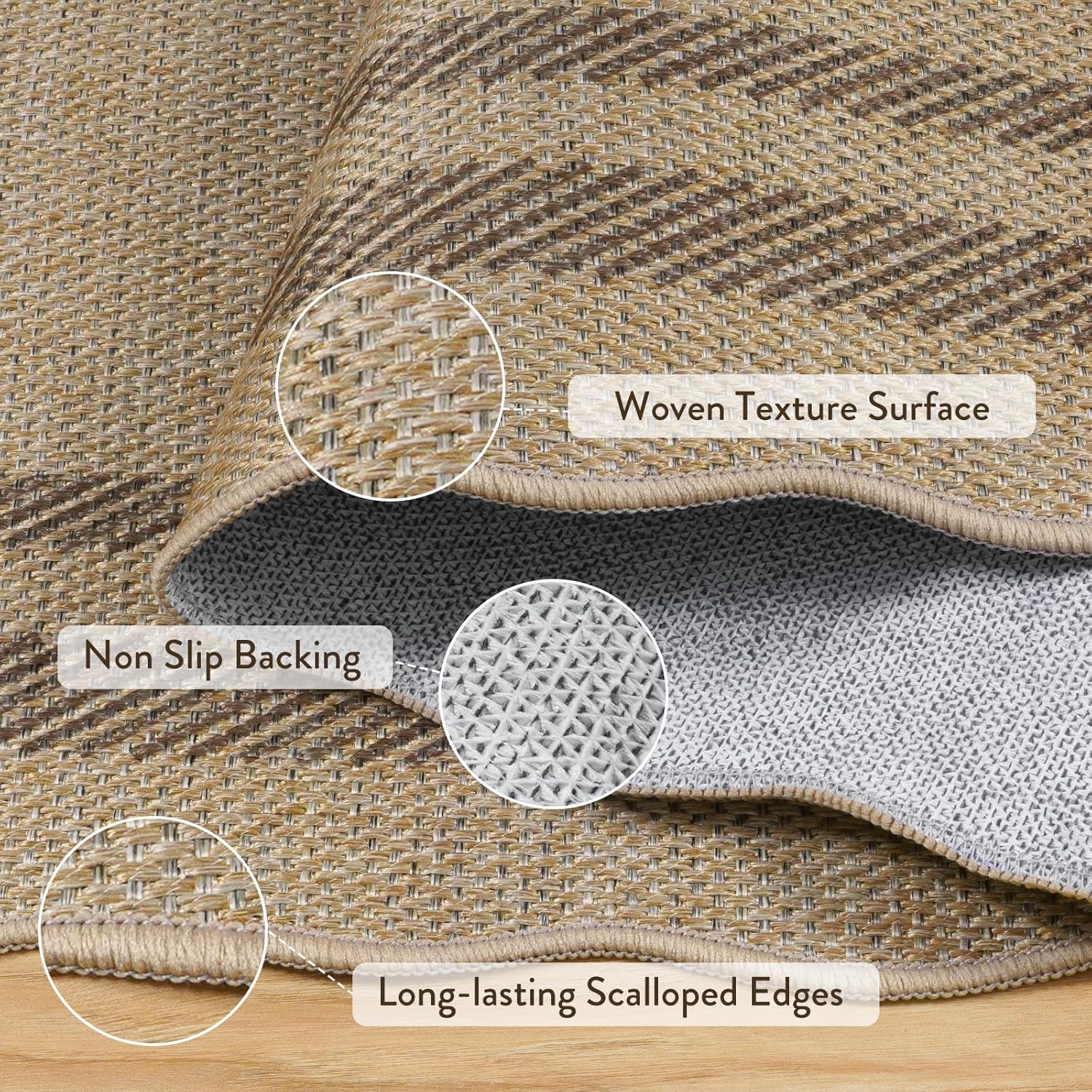 LIVEBOX Scalloped Easy Jute 2x5 Runner Kitchen Rug, Washable Non Slip Tan Rugs for Entryway Hallway, Indoor Outdoor Rug Geometric Farmhouse Carpet Door Mat Runners for Porch Bedroom Laundry Room