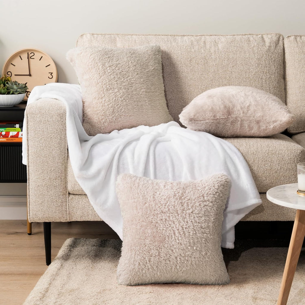 PAVILIA Fluffy Cream Ivory Throw Pillow Covers, Decorative Accent Pillow Cases for Bed Sofa Couch, Soft Faux Fur Cushion Cover, Square Sherpa Pillowcases, Home Room Decor, Beige, 18x18 Set of 2