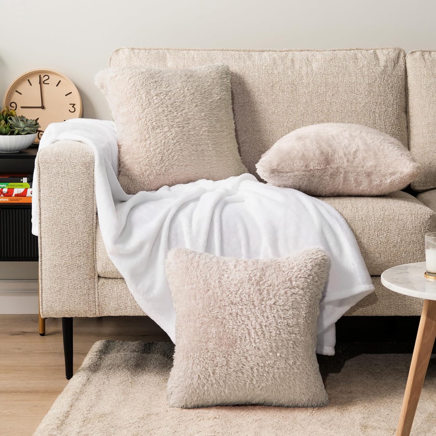 PAVILIA Fluffy Cream Ivory Throw Pillow Covers, Decorative Accent Pillow Cases for Bed Sofa Couch, Soft Faux Fur Cushion Cover, Square Sherpa Pillowcases, Home Room Decor, Beige, 18x18 Set of 2