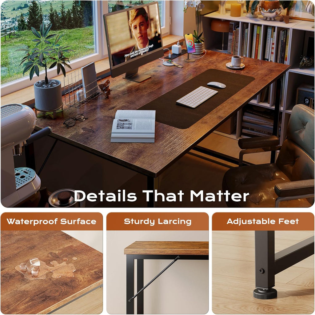 PRAISUN 47 Inch Computer Gaming Desk with Power Outlets and USB-C Port, 24 Inch Deeper Desktop, Office Desk for Home Office, Study, Bedroom, Writing Work from Home Desk, Metal Frame, Rustic Brown