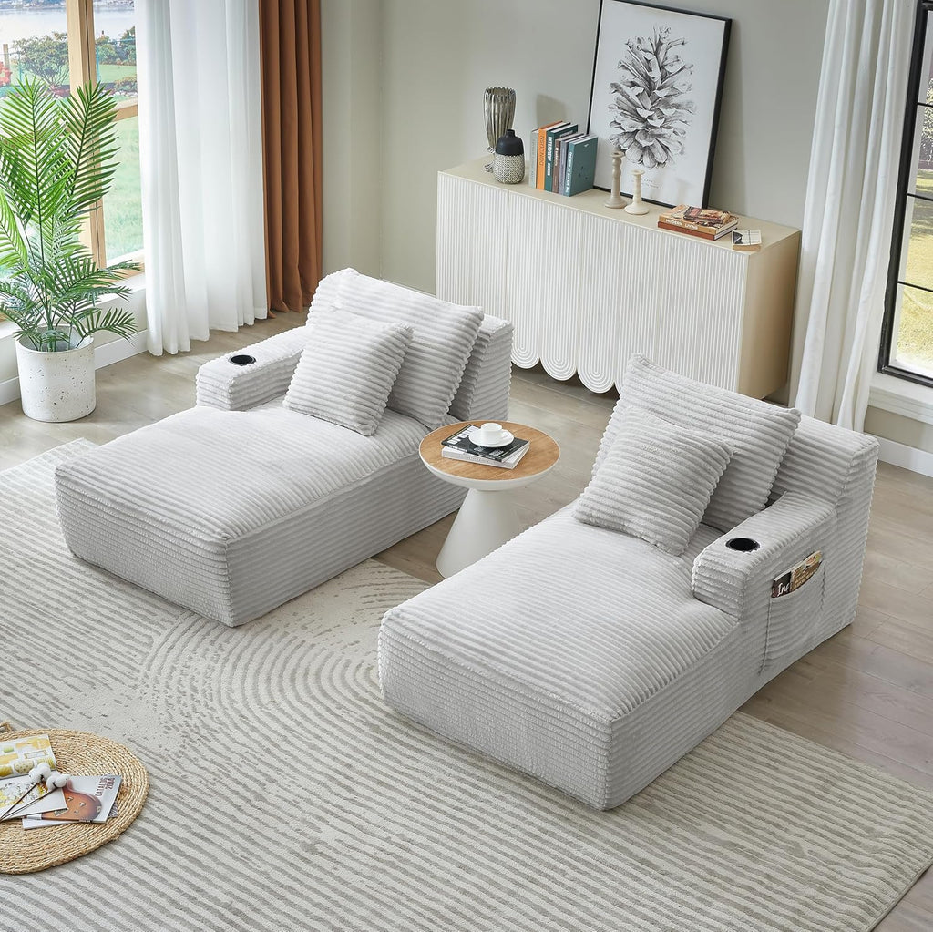 Eafurn Oversized Double Chaise Lounge Indoor with Cup Holders & Side Pocket, 71" Plush Corduroy Boneless Chaise Lounge Sofa with High Density Sponge & Deep High Seat Comfy Sleeper Couch Bed