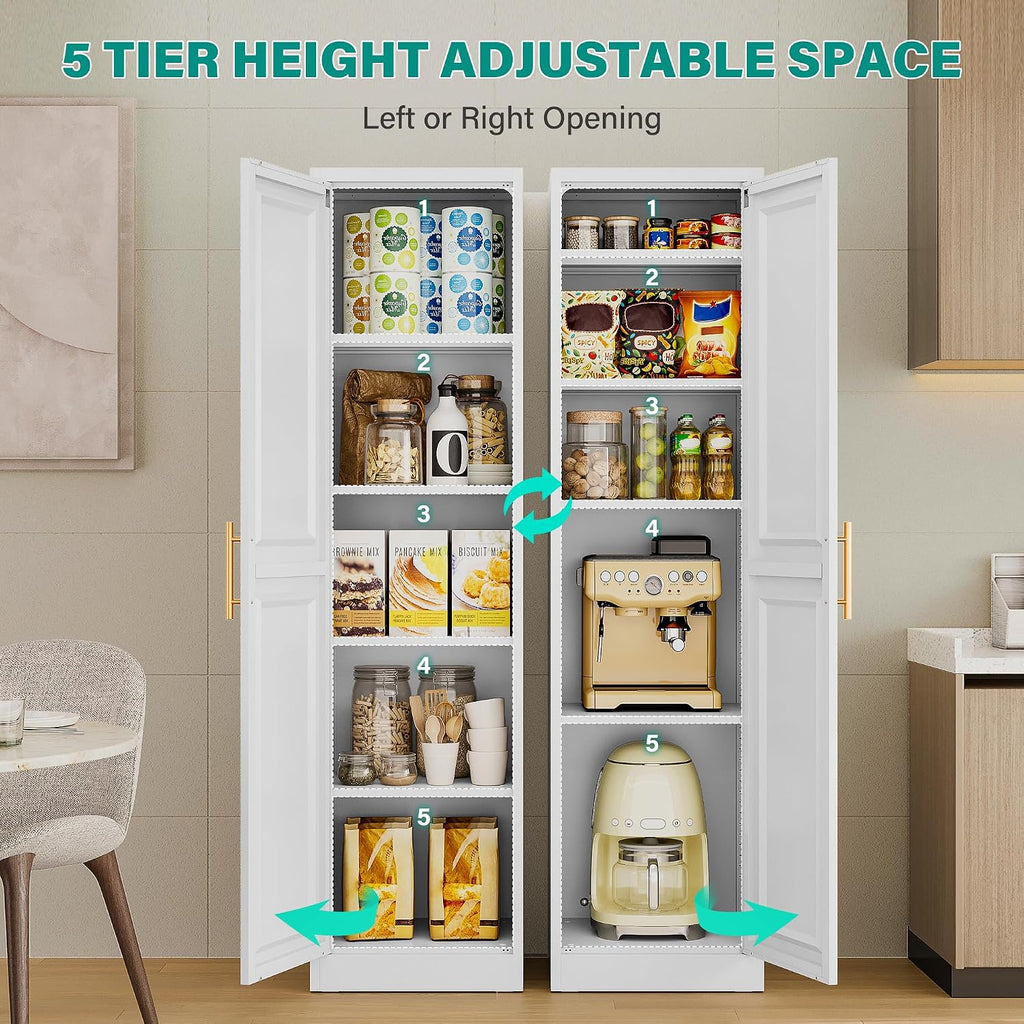 SISESOL 71" Tall Narrow Storage Cabinet with 1 Door and 5 Shelves,Slim Kitchen Pantry Cabinet,White Metal Bathroom Cabinets,Large Cupboard for Home,Kitchen,Laundry,Bathroom