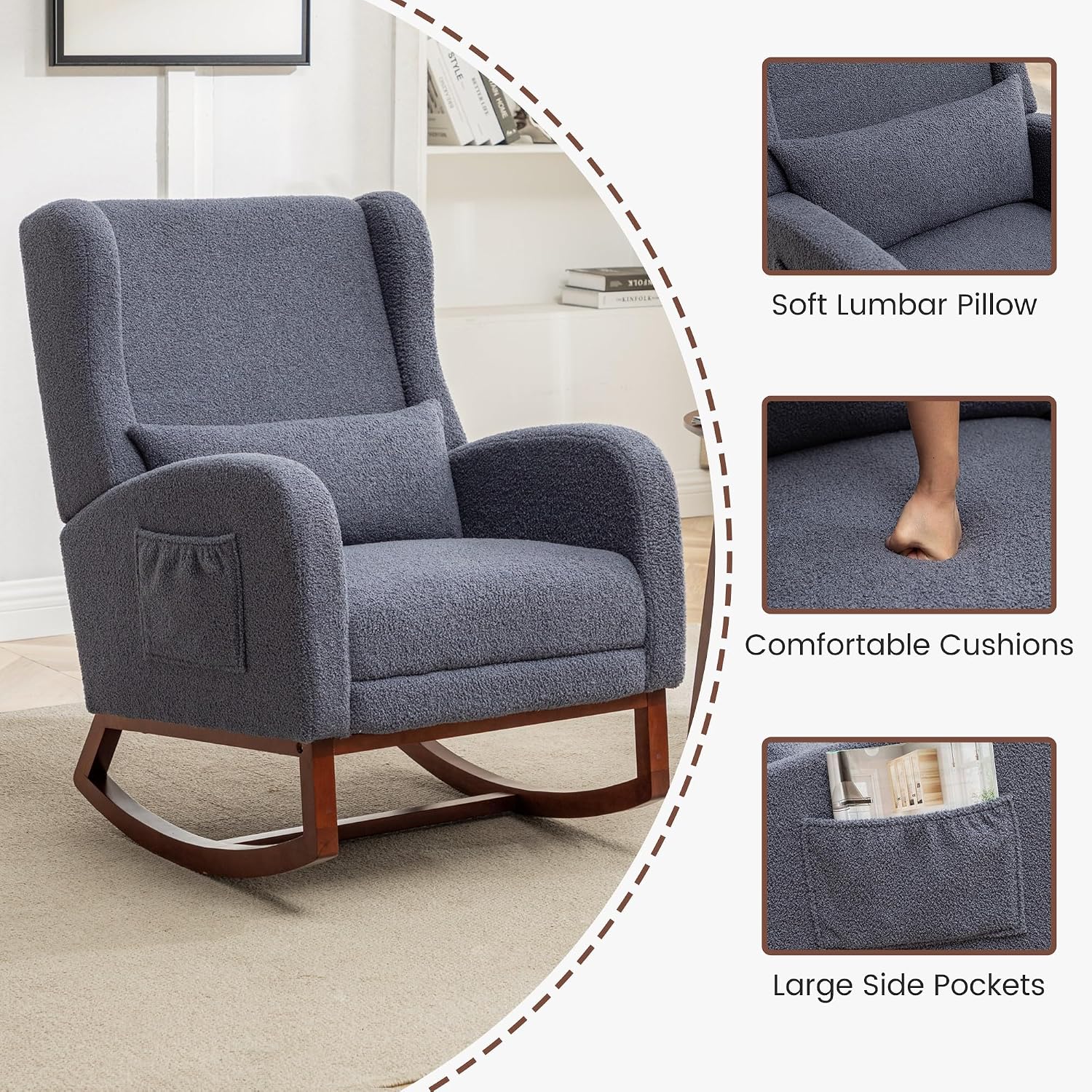 Nursery Rocking Chair,Rocking Chair with Foot Rest,Nursery Rocker Comfy Glider Nursing Chair with Back Pillow for Living Room,Bedroom,Dark Grey