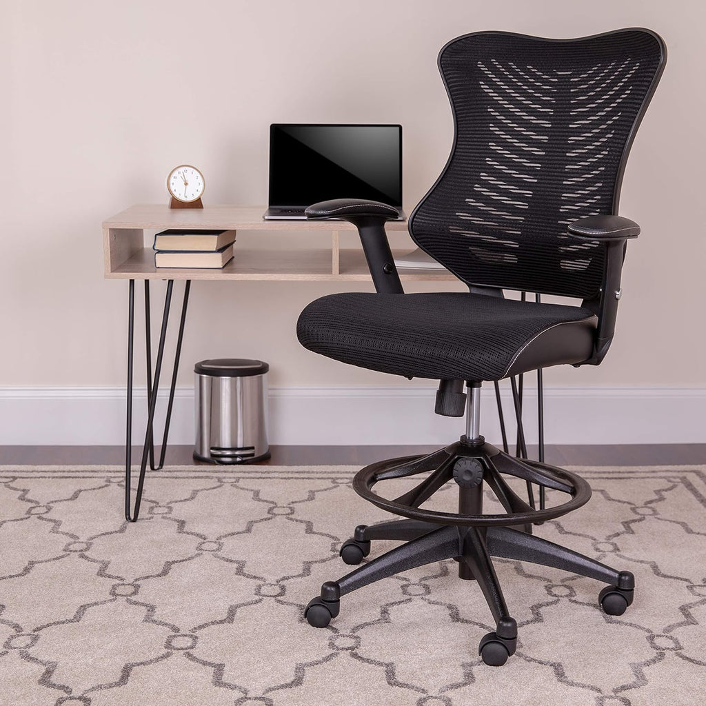 Flash Furniture Waylon High Back Designer Black Mesh Drafting Chair with LeatherSoft Sides and Adjustable Arms