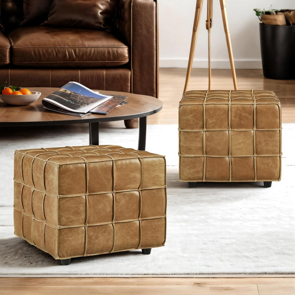 Art Leon Real Leather Ottoman - Square Foot Rest Footstool, Modern Sofa Stool for Living Room Bed Room,Light Brown