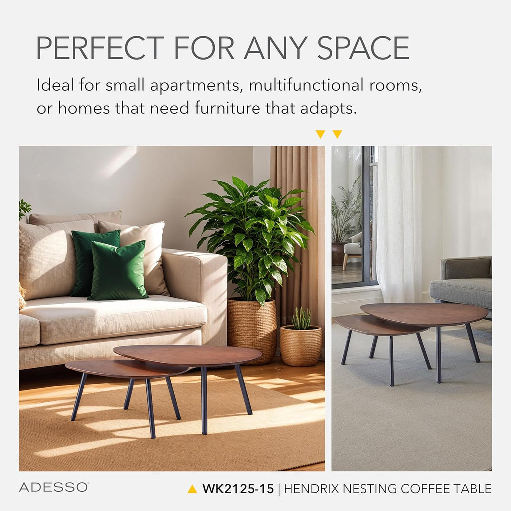 Adesso Set of Two Nesting Coffee Tables – Walnut Oak Veneer and Matte Black Metal Legs – Versatile Modern Accent Tables for Living Rooms, Apartments & Contemporary Homes