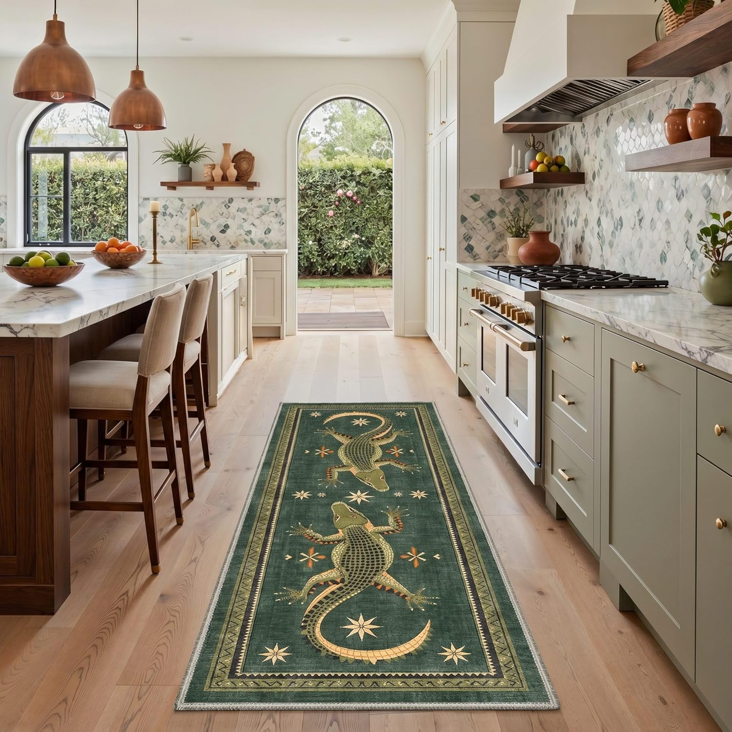 Bavni 2x5 Runner Rug Non Slip Washable Low Pile Print Rug for Hallway Kitchen Laundry Room Bedroom Bathroom, Alligator Forest Green