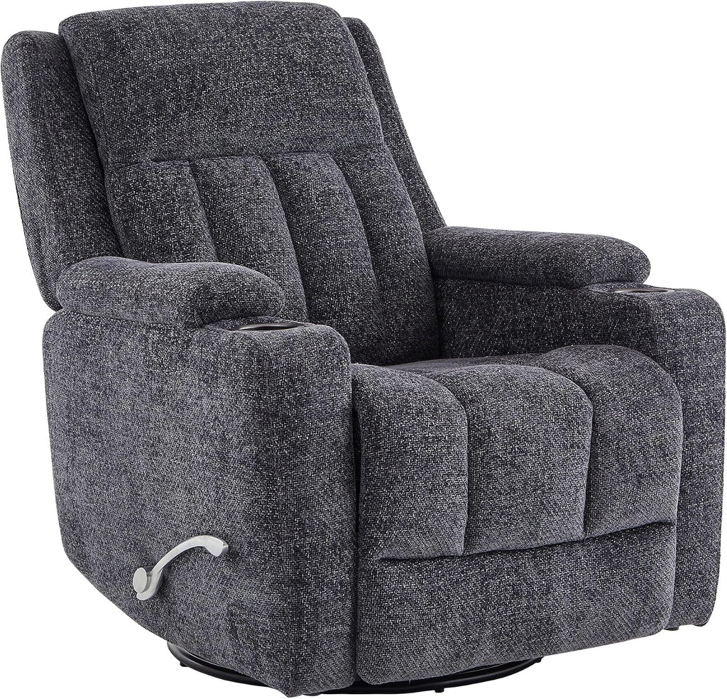 Swivel Rocker Recliner Chair with Dual Cup Holders, 360° Glider Rocking Nursery Armchair, Overstuffed Ergonomic Chenille Reclining Sofa for Living Room, Theater, Gaming, 360 lbs Capacity, Dark Grey
