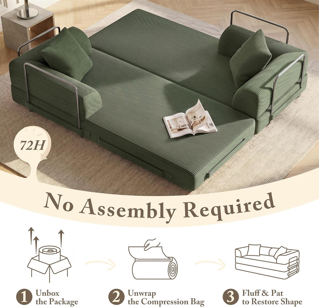 Cloud Boneless Couch Futon Sofa Bed, 5-in-1 Convertible Sofa Bed Pull Out Couch Sleeper Sofa Compressed Loveseat, 70" High-Density Sponge & Corduroy Fabric Futon Daybed for Living Room Bedroom(Green)