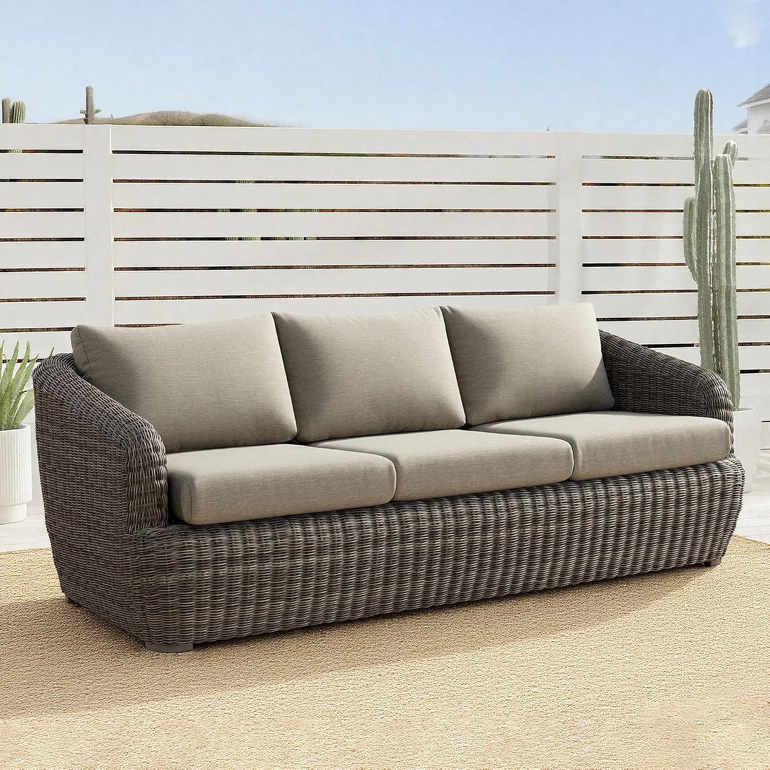 CHITA Patio Wicker 3-Seater Sofa with Removable Cushion, Backyard Rattan Chair for Sunrooms, Patios, Decks, Fully Assembled