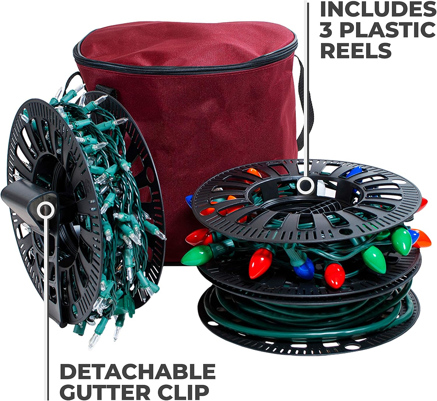 612 Vermont Christmas Light Storage Reel Holder with Installation Clip, Polyester Zip up Bag, Organizes up to 150 Foot of Mini Lights
