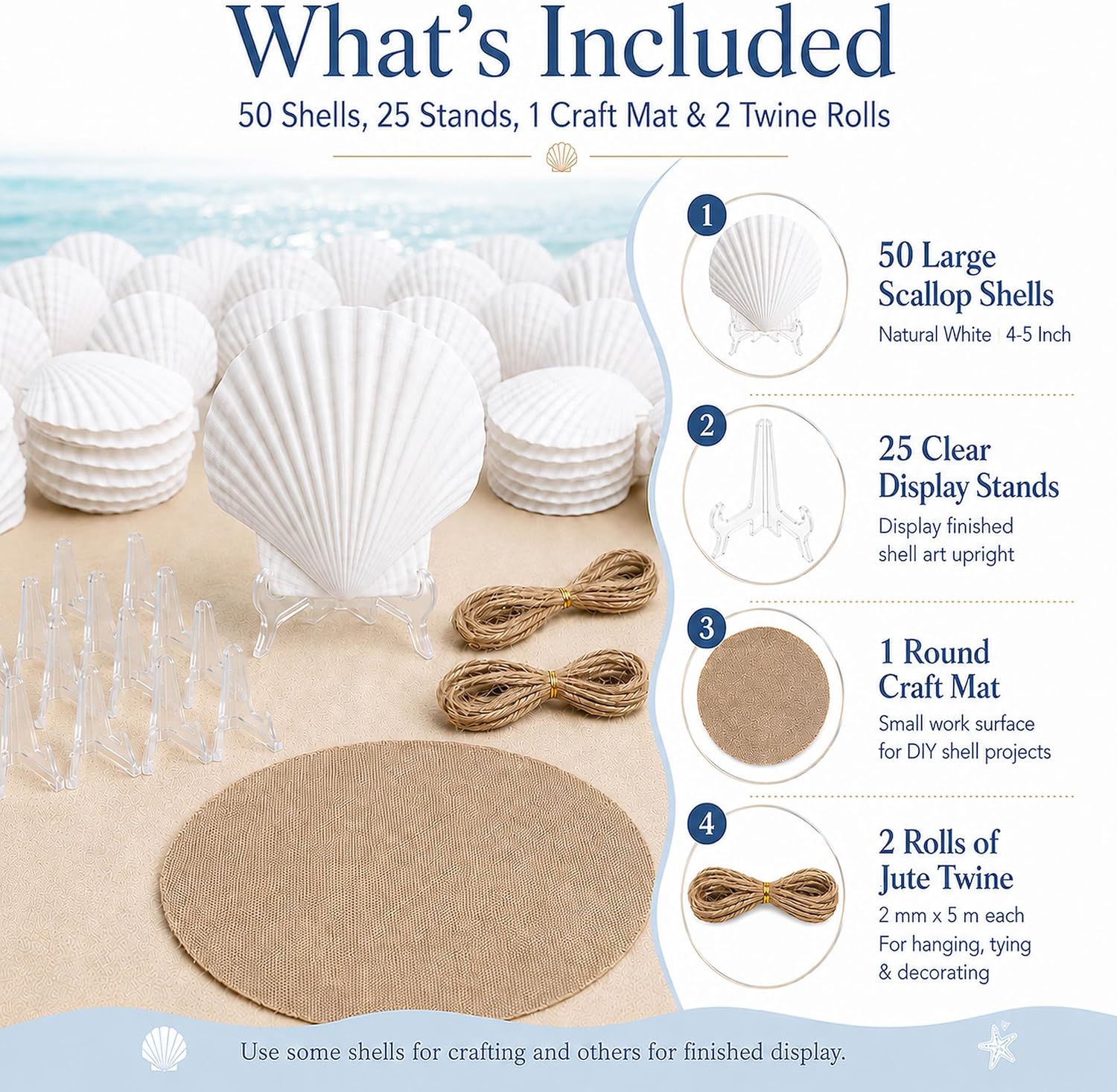 Cizavanta 50 Pack Large Scallop Shells for Crafts, 4-5 Inch Natural White Scallop Shells with 25 Clear Display Stands and Round Craft Mat, Seashells for DIY Painting, Decoupage & Coastal Decor