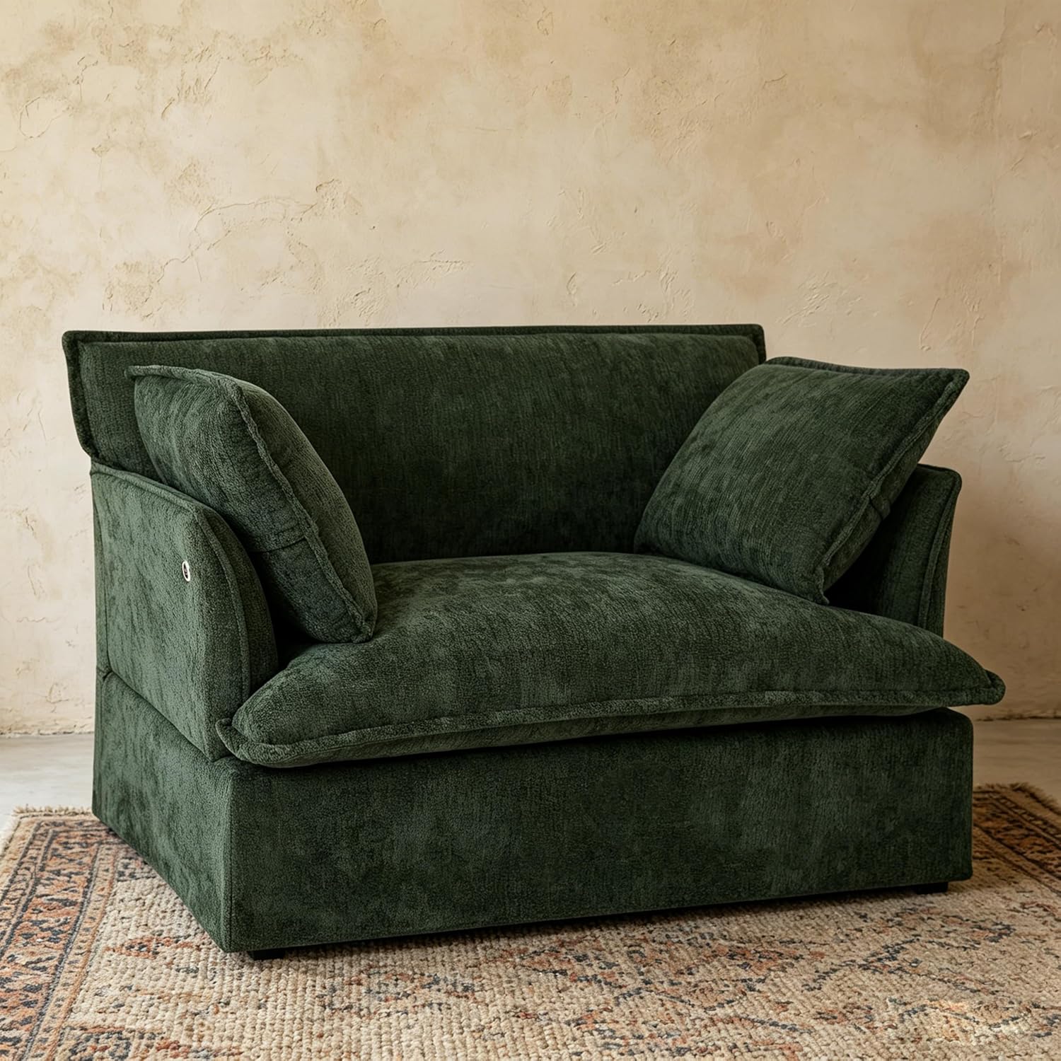 ERYE 47" Chenille Upholstered Accent Chair Wide Seat Armchair for Living Room Bedroom, Modern Upholstered Armchair W/ 2 Pillows and USB-C Ports for Home Apartment Office