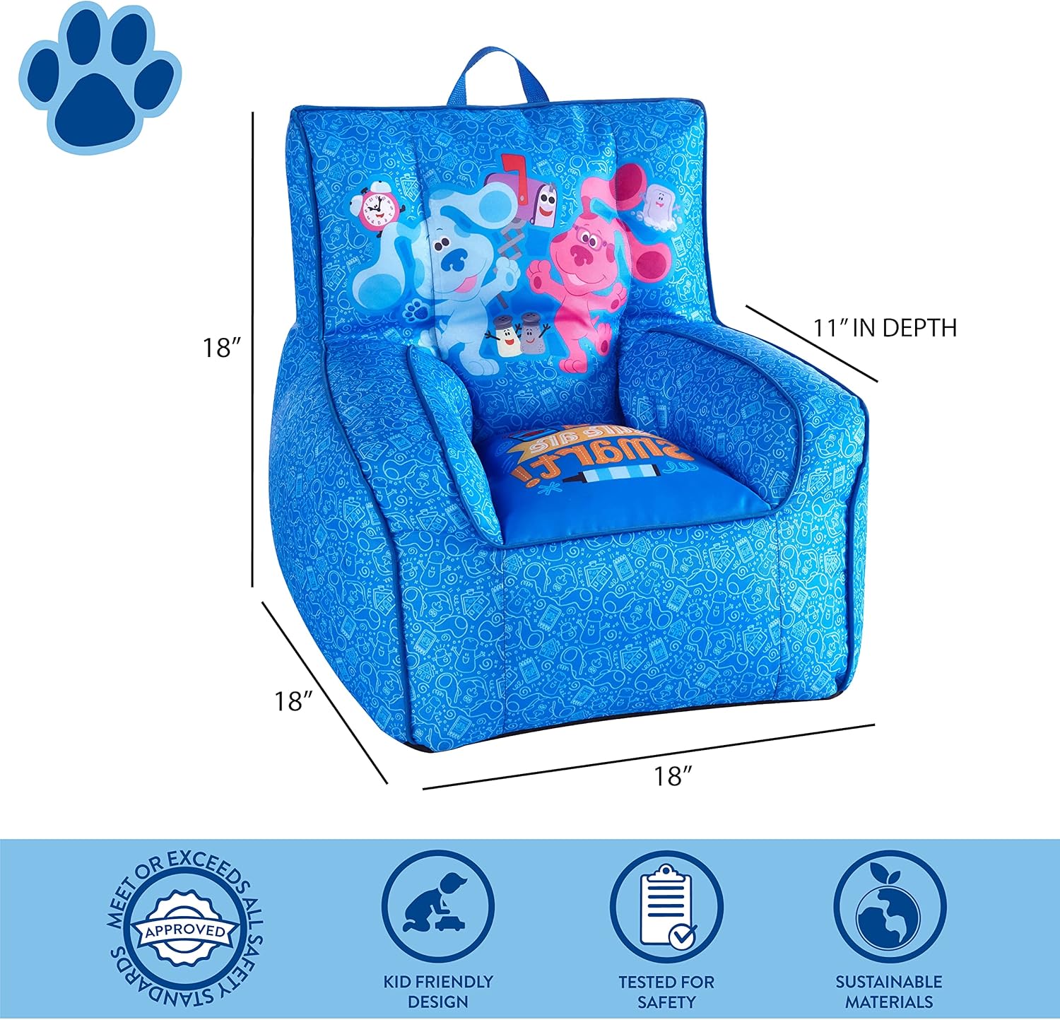 Idea Nuova Nickelodeon Blue's Clues Toddler Nylon Bean Bag Chair with Piping & Top Carry Handle, Large