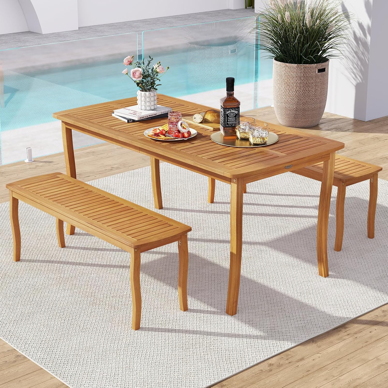 Tangkula Acacia Wood Outdoor Bench, 47" 2-Person Patio Dining Bench with Slatted Seat, Backless Wooden Entryway Bench, Farmhouse Indoor Outdoor Bench for Garden, Poolside, Deck & Park (2,Natural)