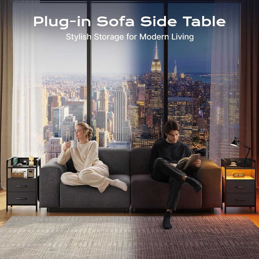 Huuger Nightstands Set of 2, Night Stand with LED Lights, Charging Station and USB-C Ports, 2 Drawers Bed Side Table, Open Shelf, 2-Way Power Panel Install, End Table for Bedroom, Black