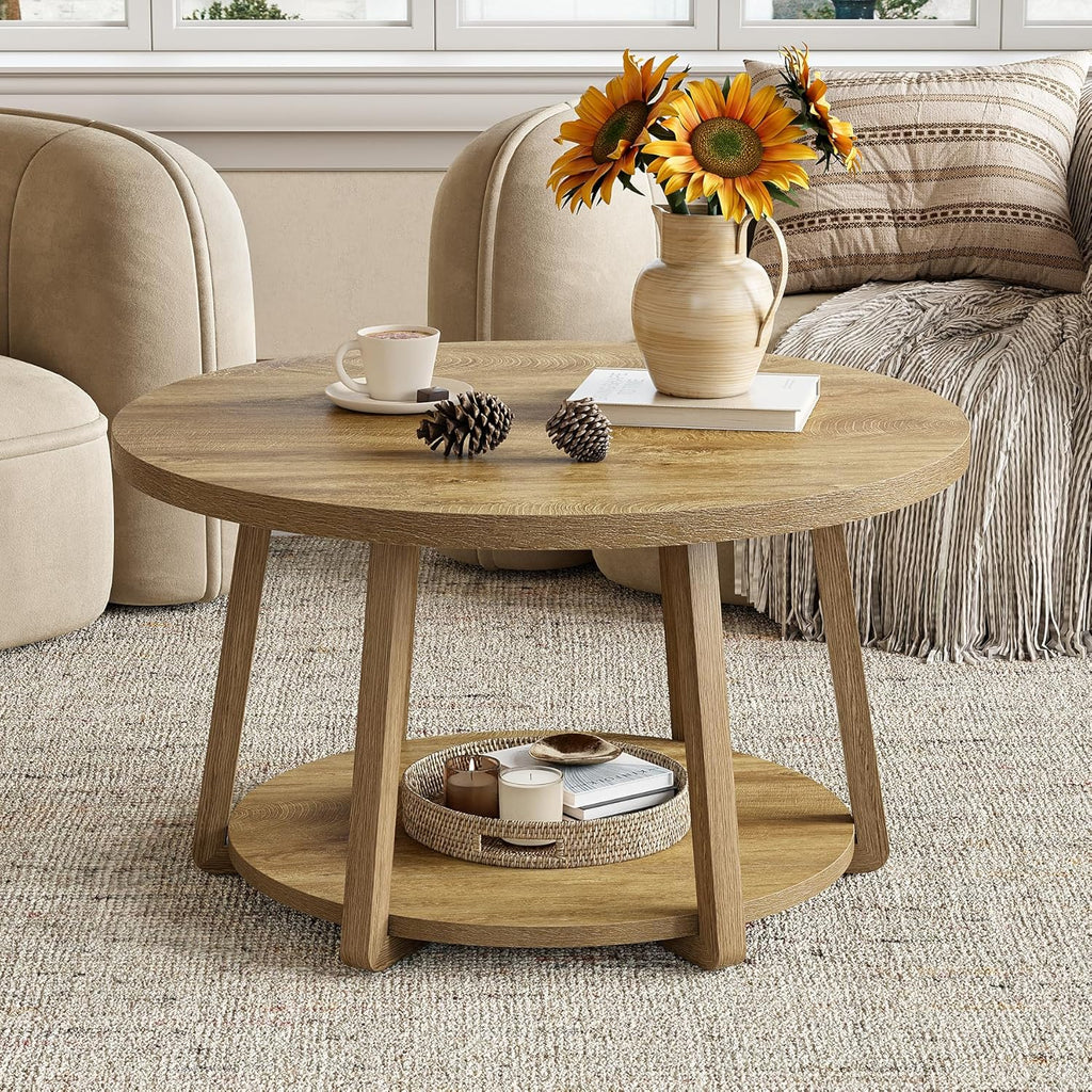 LITTLE TREE Round Coffee Table, 2-Tier Center Table with Storage | Wooden Legs, 31.5 Dia. x 19.6 H Inches, Easy Assembly, Circle Coffee Tables for Living Room, Bedroom