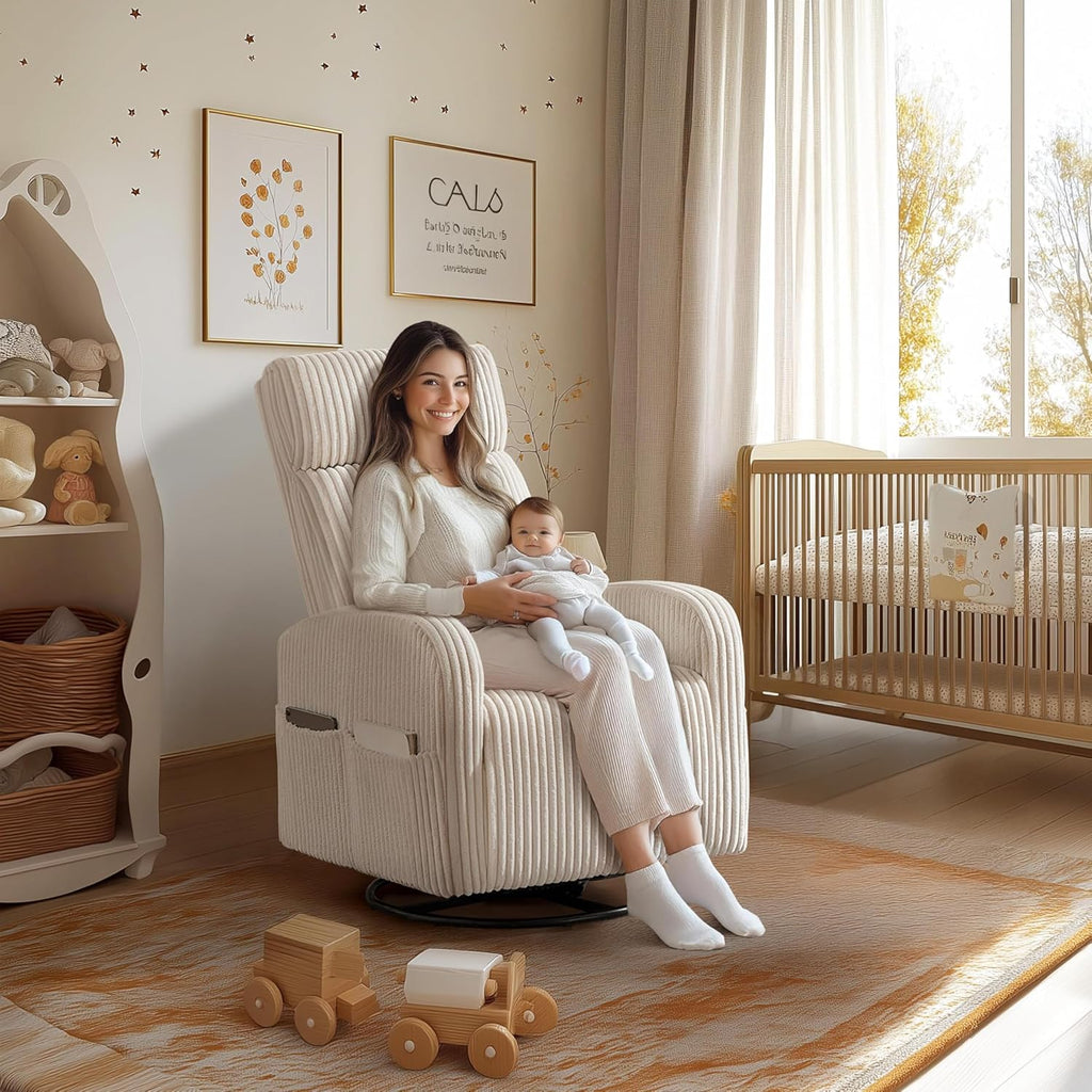 Yaheetech 360° Swivel Glider Chair for Nursery, Rocking Chair Nursing Chair with Side Pockets, Corduroy Glider for Living Room with High Back Beige