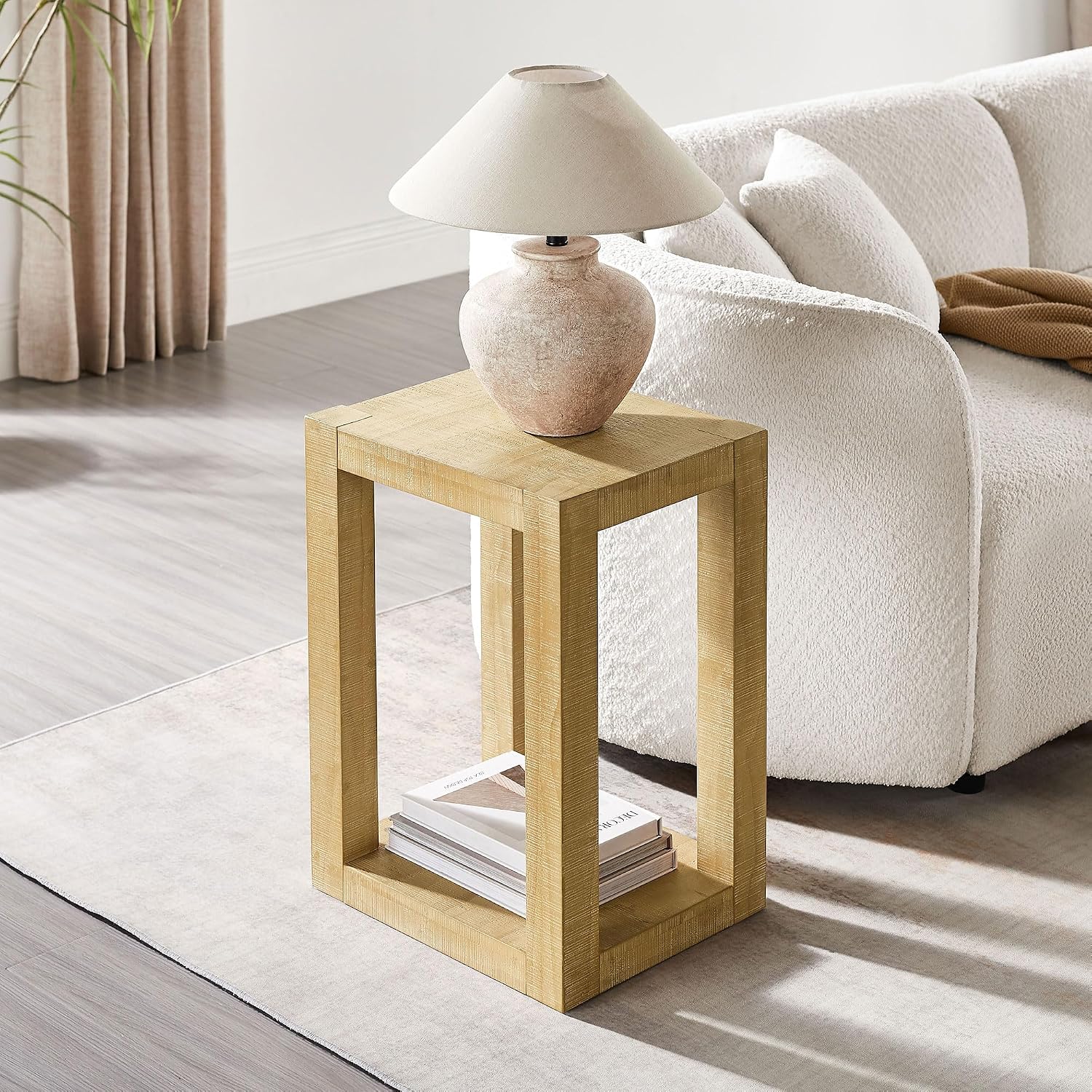 Rectangular Side Table with Shelf, Natural Wood End Table for Living Room with Storage, Compact Bedside Table for Small Spaces