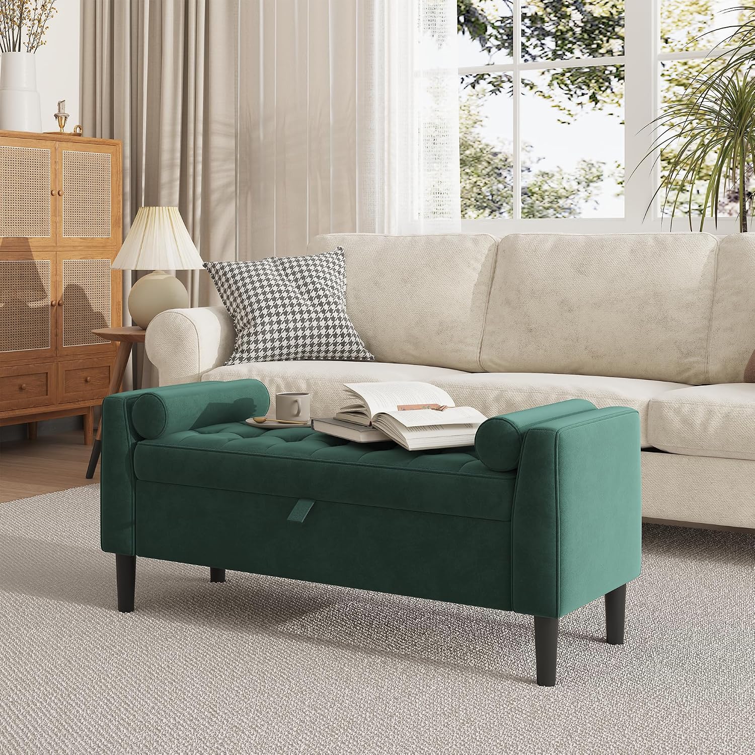 46.5 in Green Velvet Storage Ottoman Bench –Upholstered End-of-Bed Bench, Footrest Seat ,Multi-Functional Shoe Bench with Rolled Armrests & Wood Legs, for Entryway, Living Room, Bedroom & Hallway