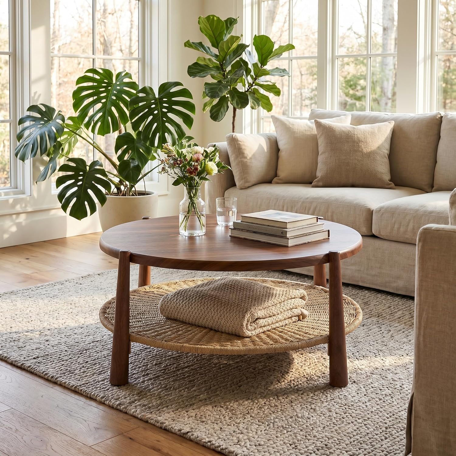 Round Coffee Table with Woven Storage Shelf, Mid-Century Modern 2-Tier Wood Center Table, Boho Coastal Circle Coffee Table for Living Room Office, Walnut Brown