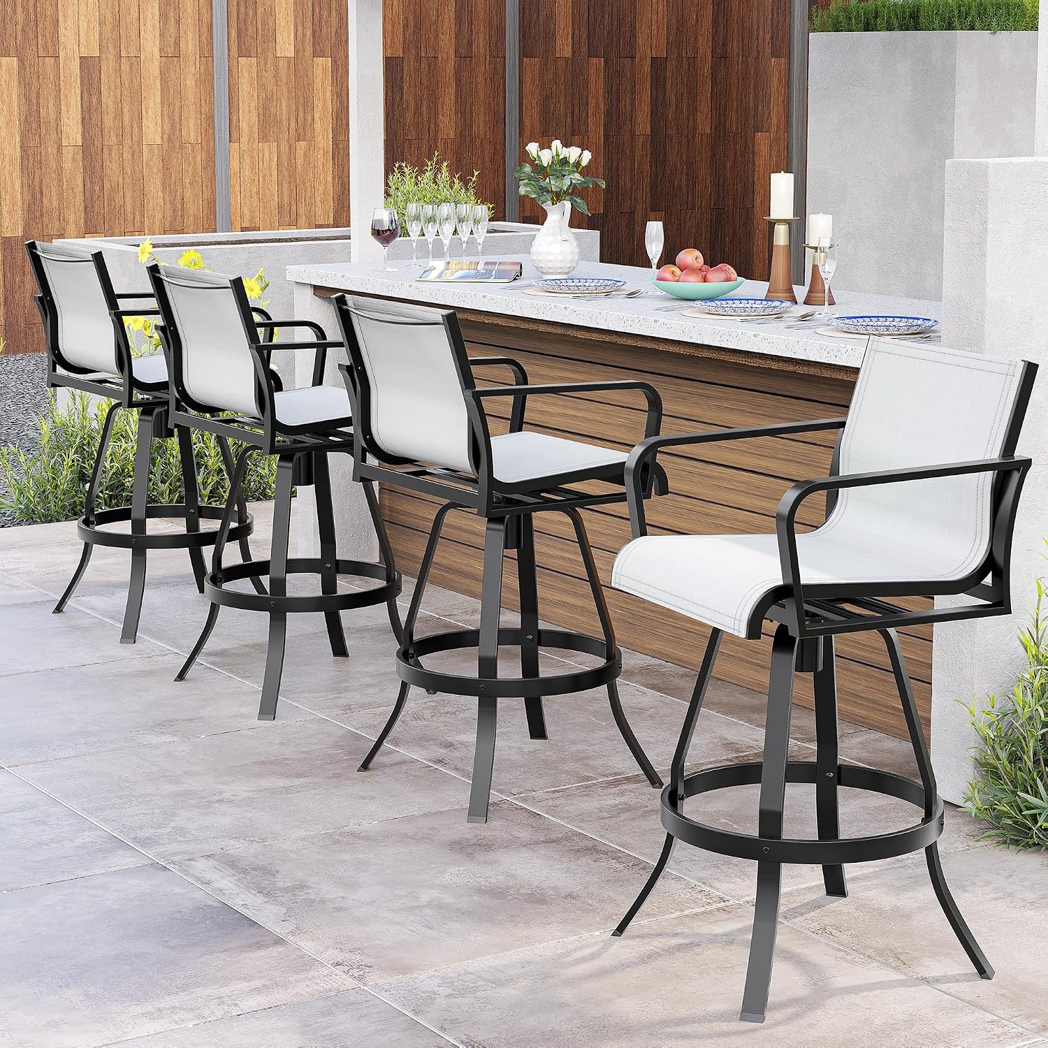 Pellebant 30" Outdoor Bar Stools 6 Pcs, Swivel Bar Height Chairs with Sunbrella Fabric & Aluminum Frame, Rust-Proof Patio Barstools for Outside, Augustine Oyster