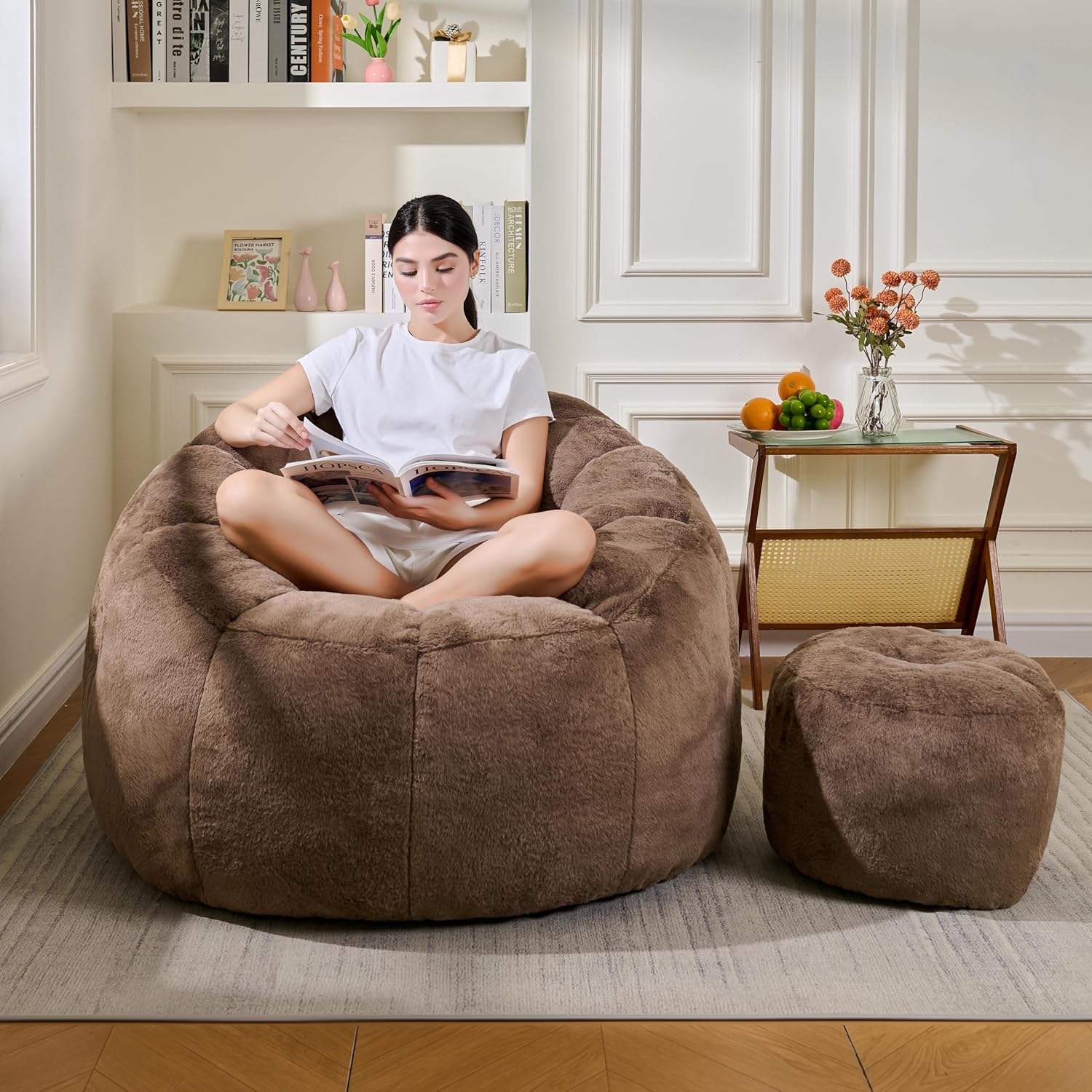 Bean Bag Chair, Bean Bag Chair with Ottoman, Stuffed Bean Bag Chairs with Filler, Big Beanbag Chairs with Filling for Living Room (Faux Fur in Brown, 40.6" D×41.4" W×27.6" H)