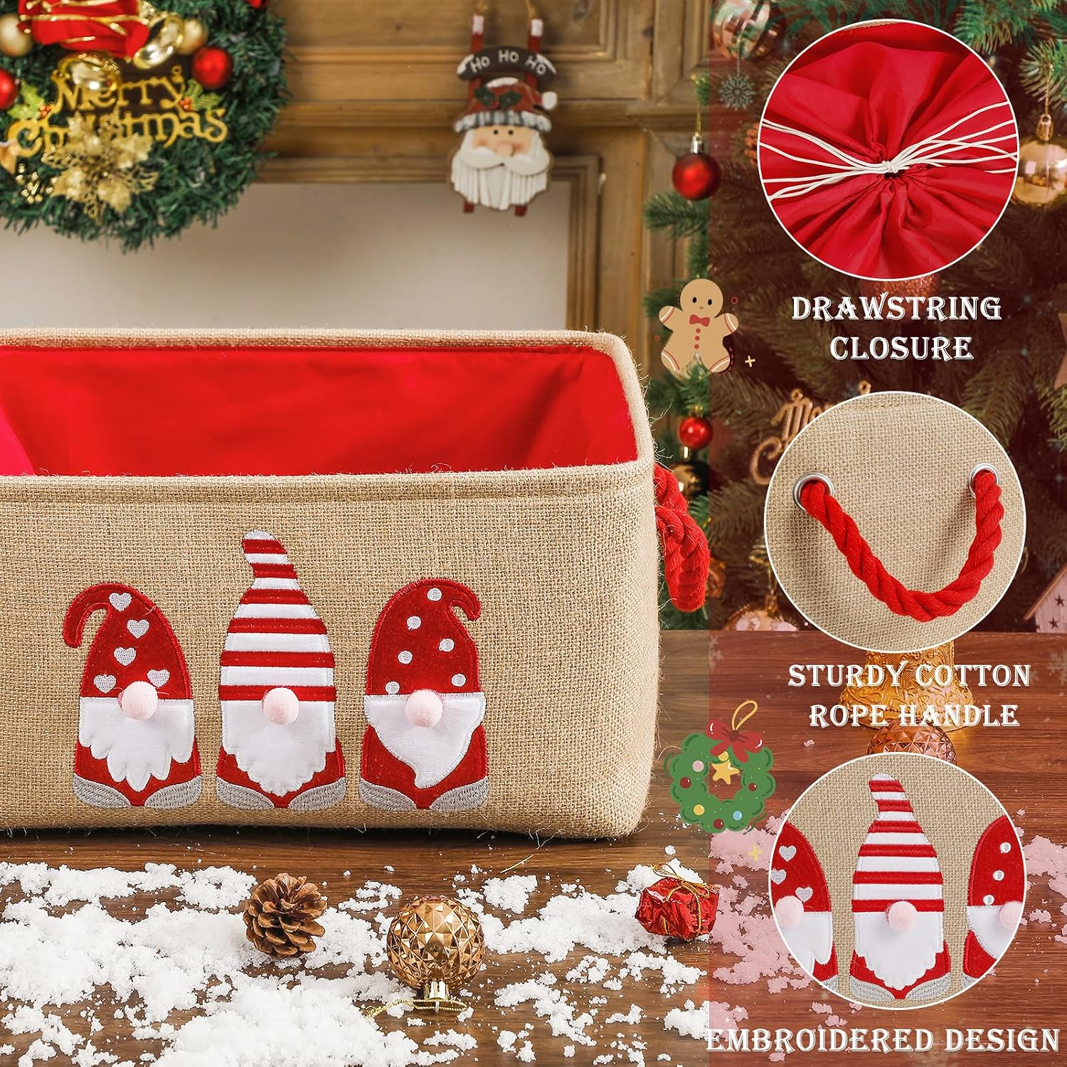 Christmas Baskets for Gifts Empty, Christmas Gnomes Basket, Large Gifts Bags for Holiday Ornaments Collapsible Storage Bins with Drawstring for Kidsroom