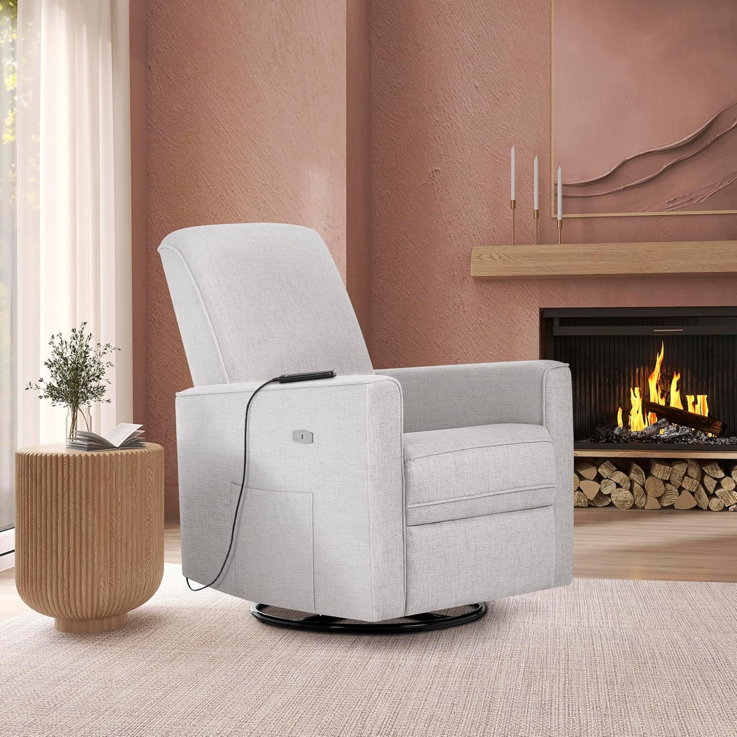 Evolur Harlow Deluxe Upholstered Plush Seating Glide Rocker, Swivel, Power Recliner USB Port with in-Built Massager, Greenguard Gold Certified, Glider Chair for Nursery in Fog Grey