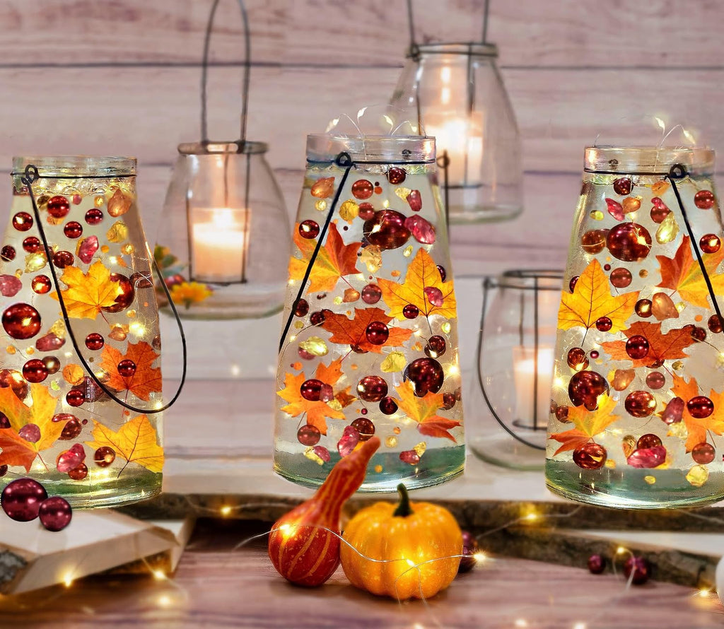Vase Pearlfection 50 Floating Realistic Shades of Fall Leaves- Pumpkins- Mums- Pearls- Large Sizes- Fills 1 Gallon of The Transparent Floating Gels with Pre-Measured Floating Gels Prep Bag