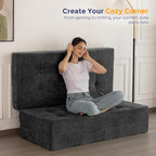MAXYOYO 6" Folding Sofa Bed for Floor, Tufted Tri-Fold Floor Mattress with Chenille Fabric, Full Size Portable Sofa Couch Guest Mat for Adults, Foldable Topper for Camping, Dark Grey, 53"x75"