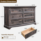 6 Drawers Dresser for Bedroom, 54" Wide Wood Large Dressers w/Roman Column | Dressers & Chests of Drawers, Wooden Dresser TV Stand for Nursery Bedroom Living Room Hallway,Dark Rustic Oak