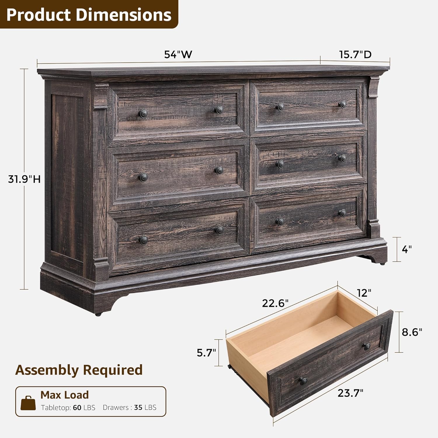 6 Drawers Dresser for Bedroom, 54" Wide Wood Large Dressers w/Roman Column | Dressers & Chests of Drawers, Wooden Dresser TV Stand for Nursery Bedroom Living Room Hallway,Dark Rustic Oak