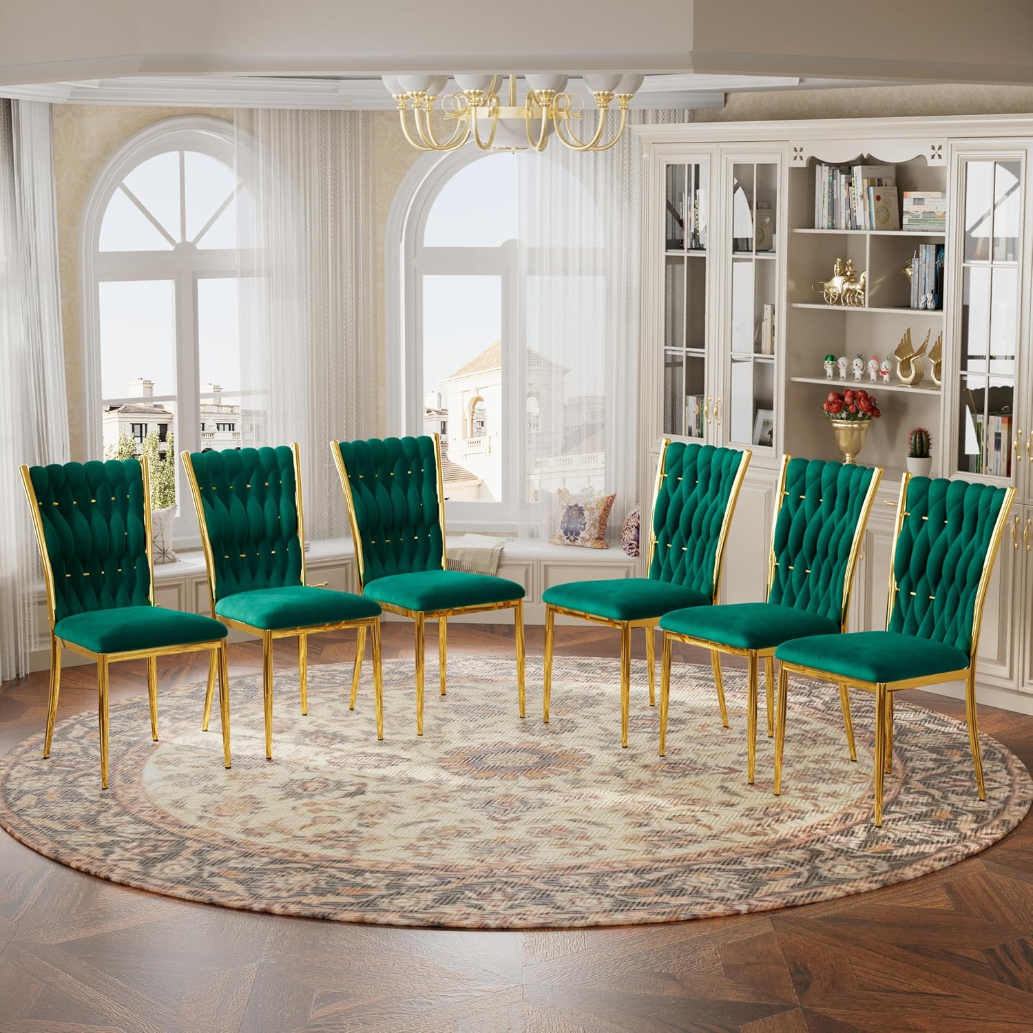 Velvet Dining Chairs Set of 6, Woven Upholstered Dining Chairs with Gold Metal Legs, Modern Accent Chairs for Living Room, Dining Room, Kitchen(Green)