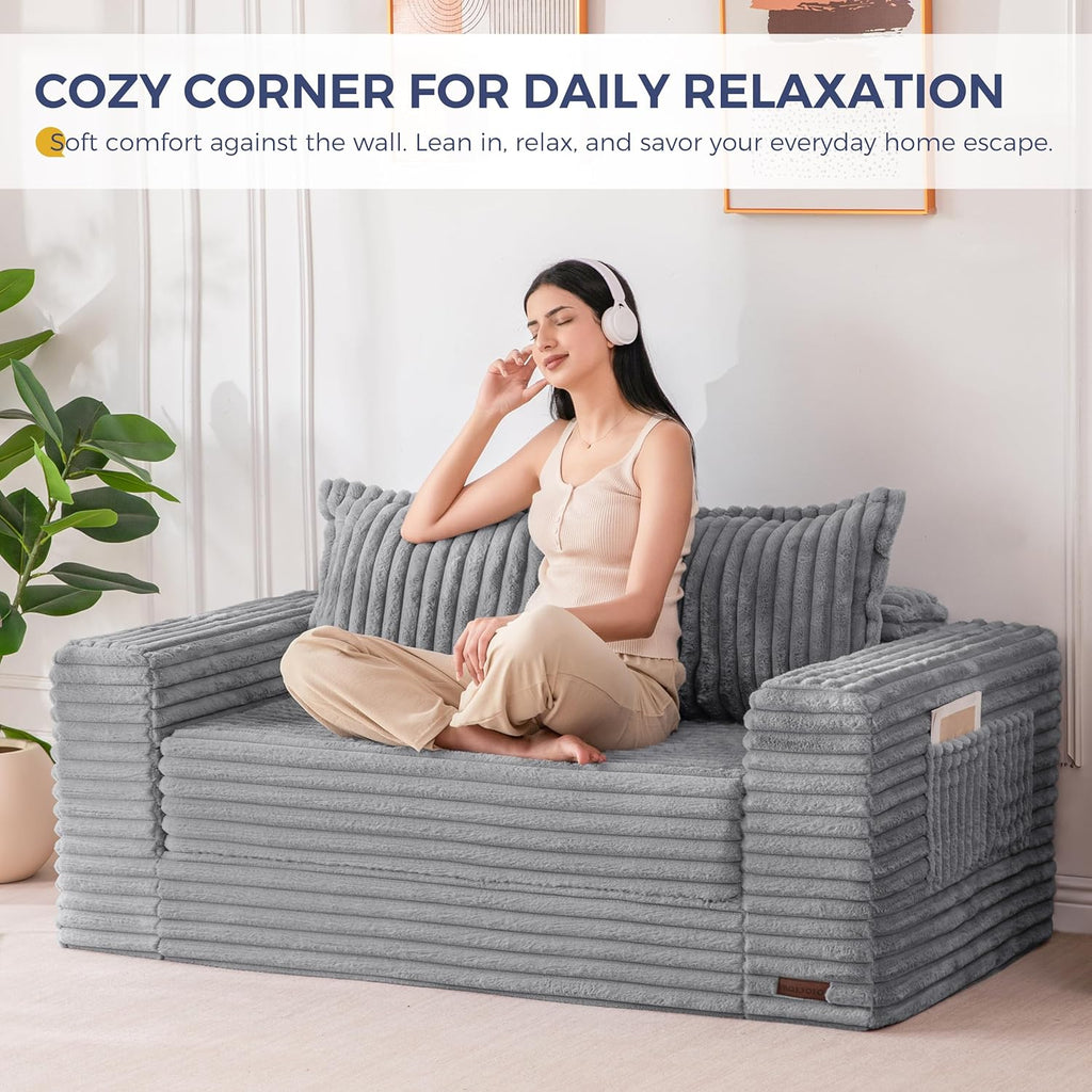 MAXYOYO Convertible Sofa Bed, 2 in 1 Folding Couch Bed for Small Space, Pull Out Loveseat Sofa Couch with Large Back Pillow, Plush Faux Fabric Lounge Couch for Living Room, Apartment, Grey
