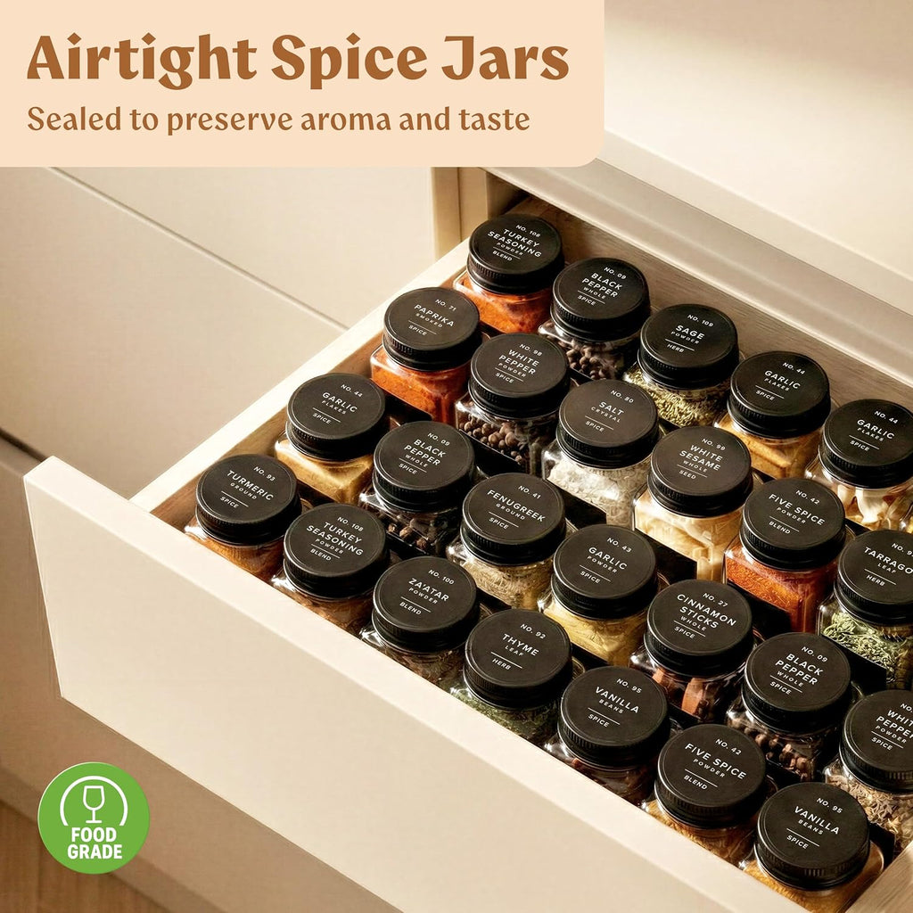 EDELHAUS Glass Spice Jars with Label and Black Aluminium Lids (24 x 4oz) Spice Containers with 240 Labels, Shaker Inserts, Steel Funnel, Empty Square Seasoning Organizer (Black Aluminium Lid)